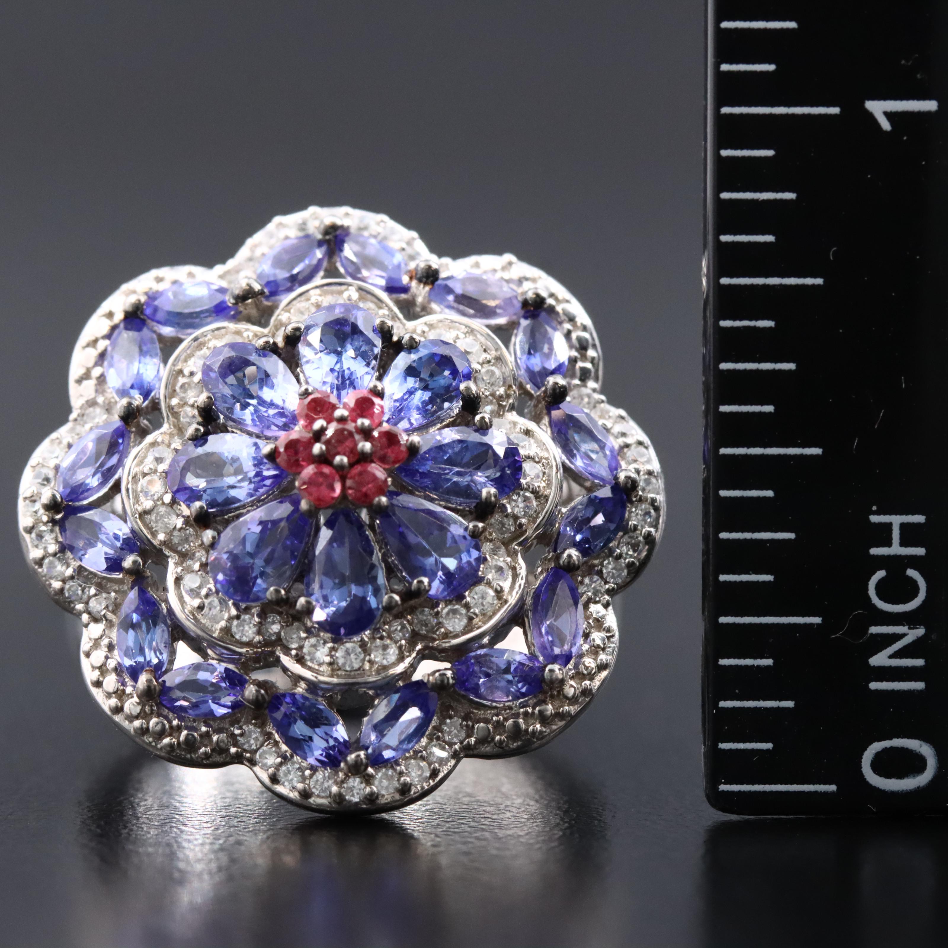 Sterling Tanzanite and Sapphire Flower Ring