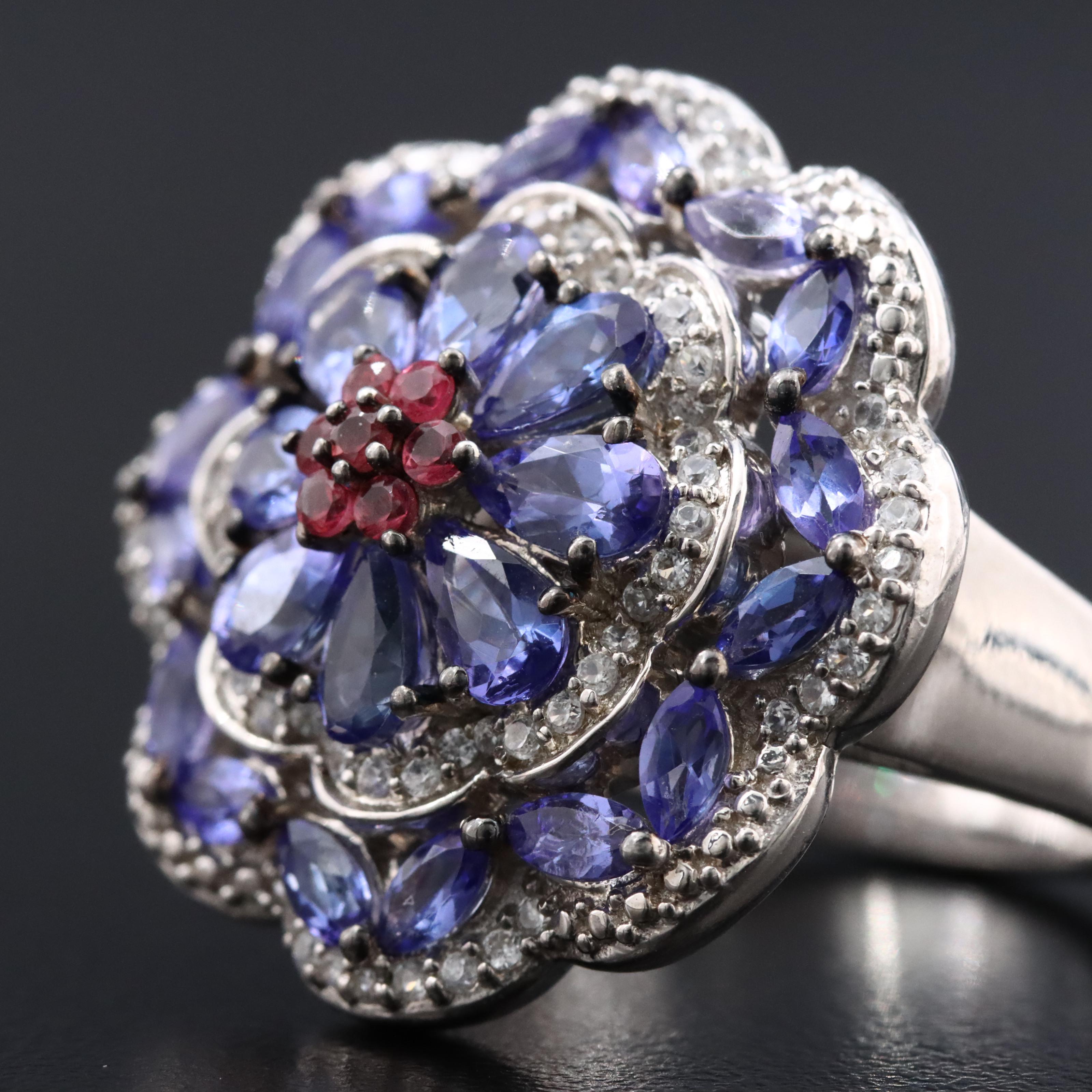 Sterling Tanzanite and Sapphire Flower Ring