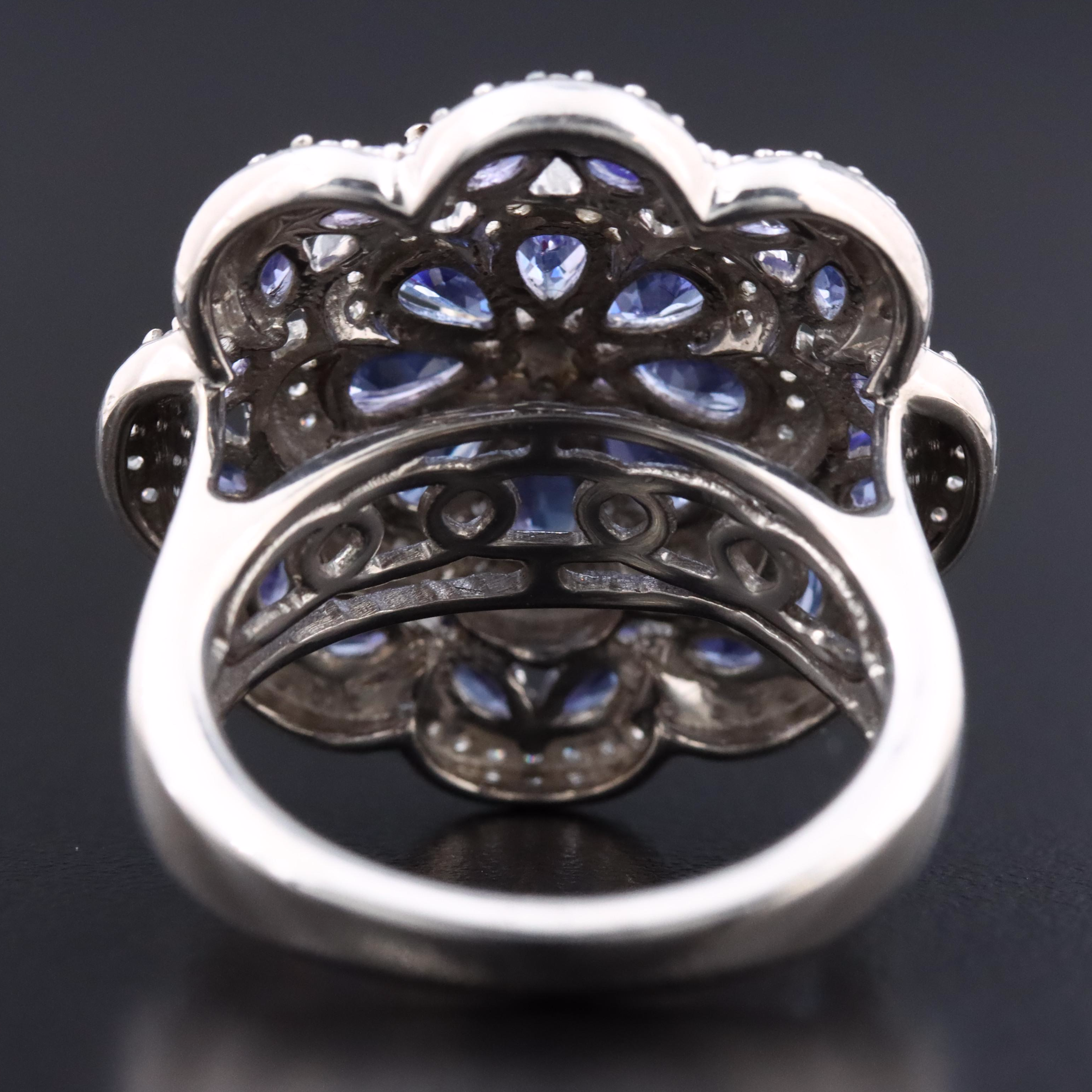 Sterling Tanzanite and Sapphire Flower Ring