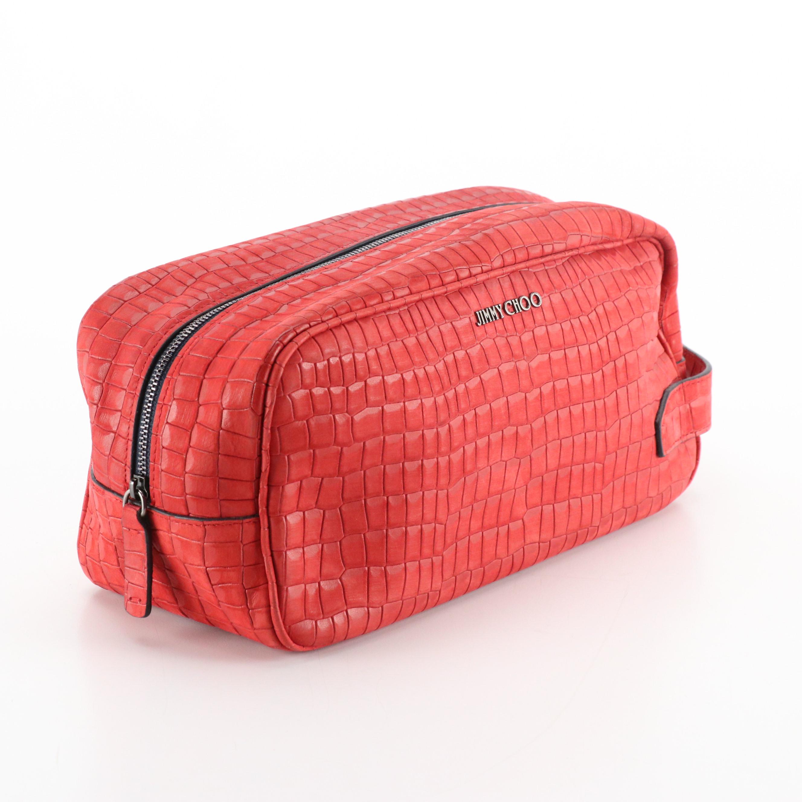 Jimmy Choo Red Embossed Leather Zip Around Pouch