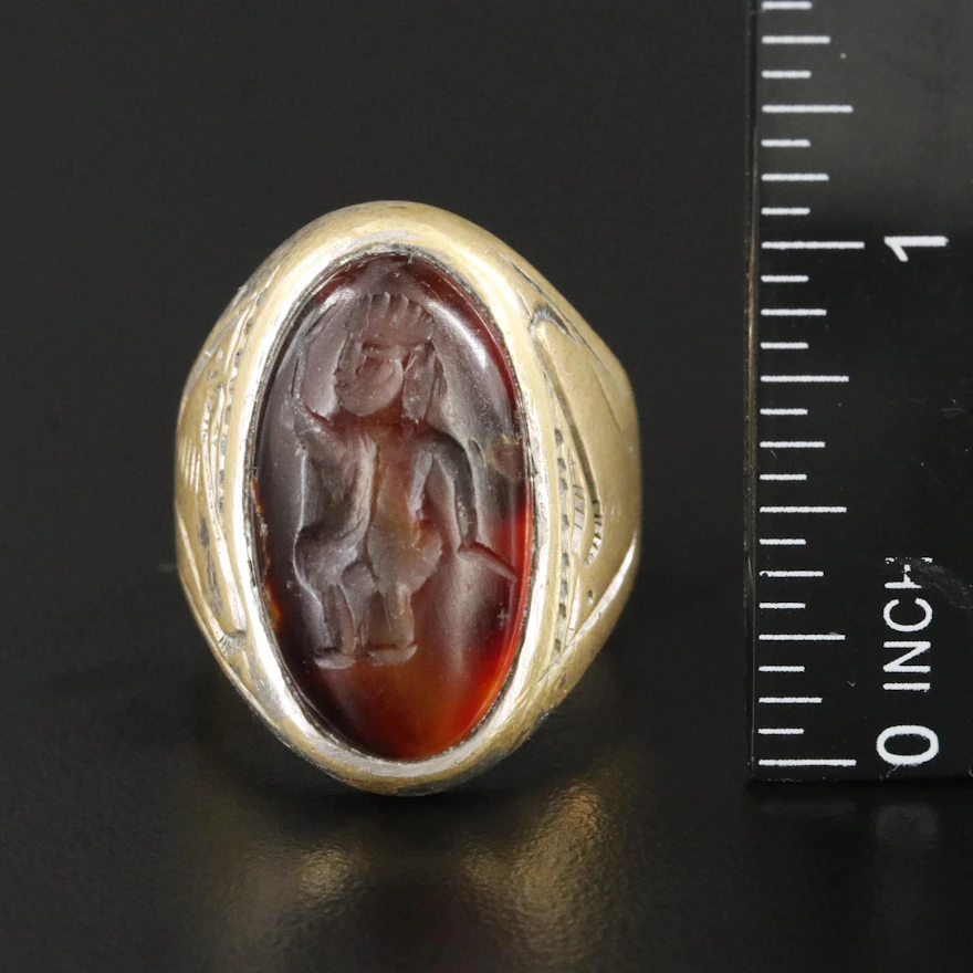 Vintage Greco-Roman Brass and Agate Intaglio Warrior Ring | EBTH
