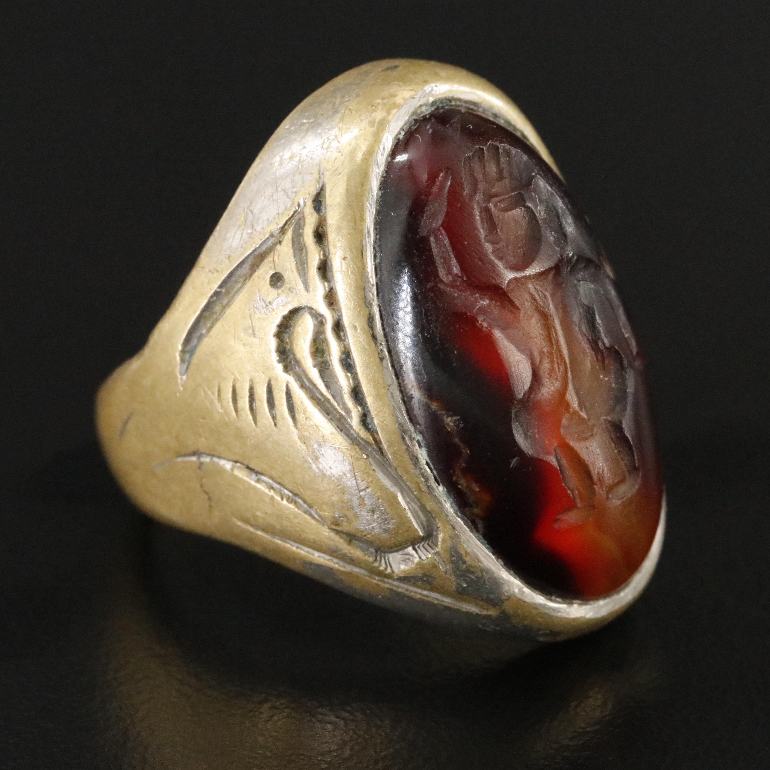 Vintage Greco-Roman Brass and Agate Intaglio Warrior Ring