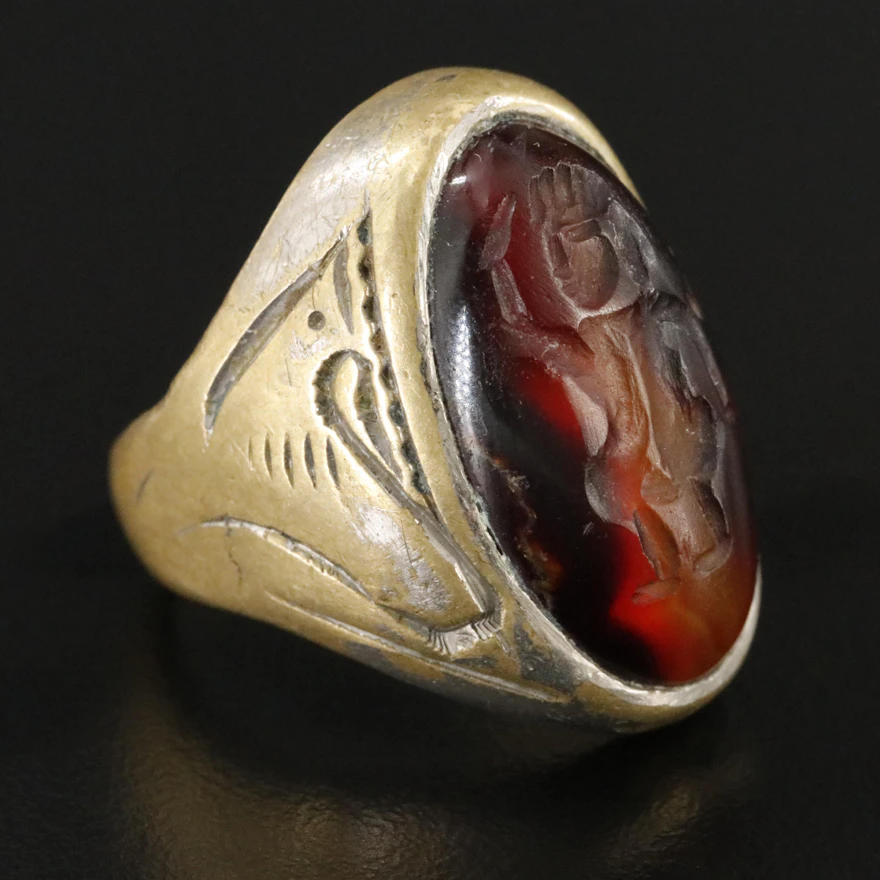 Vintage Greco-Roman Brass and Agate Intaglio Warrior Ring | EBTH