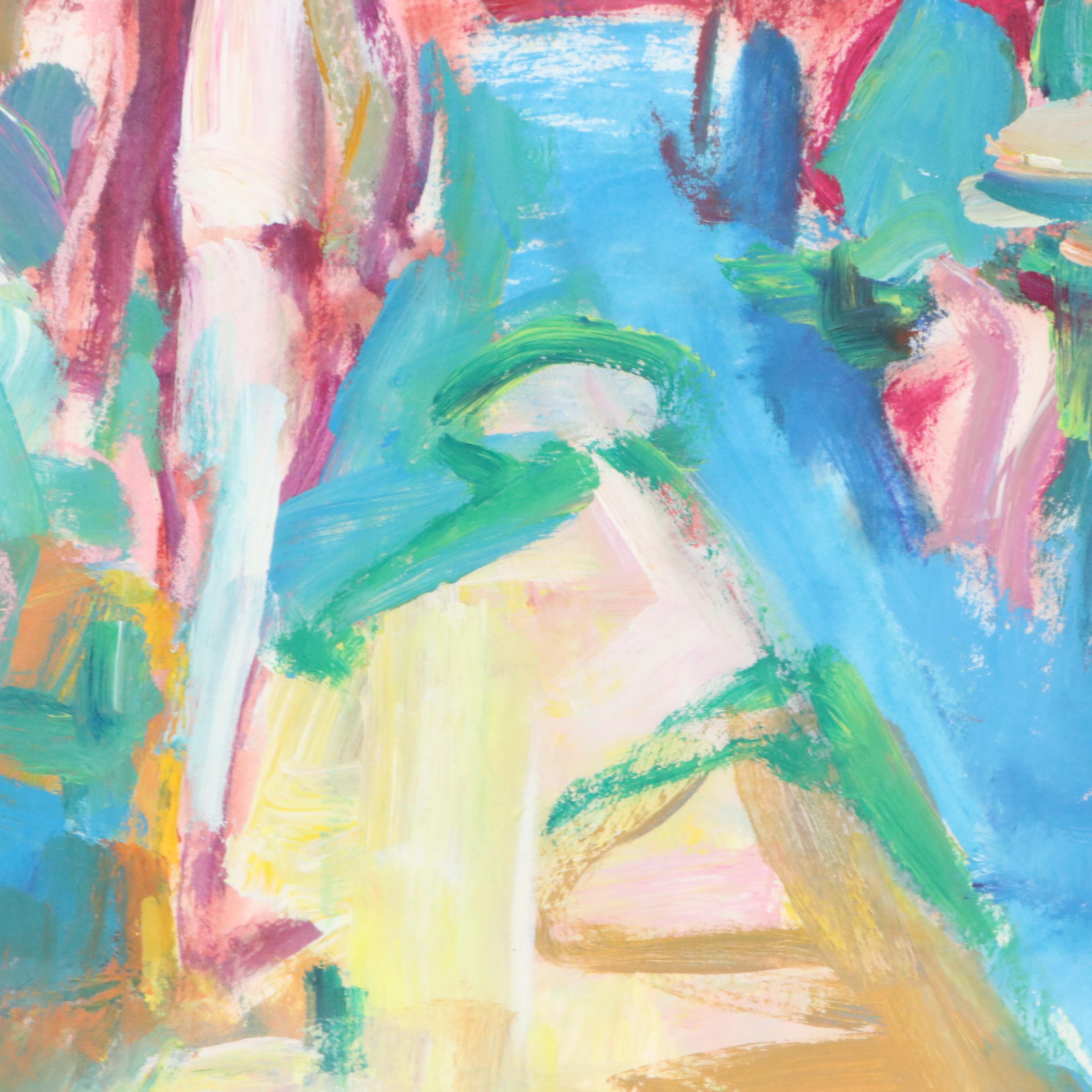 Ann Harrod Abstract Oil Painting of Outdoor Dining Scene, Late 20th Century