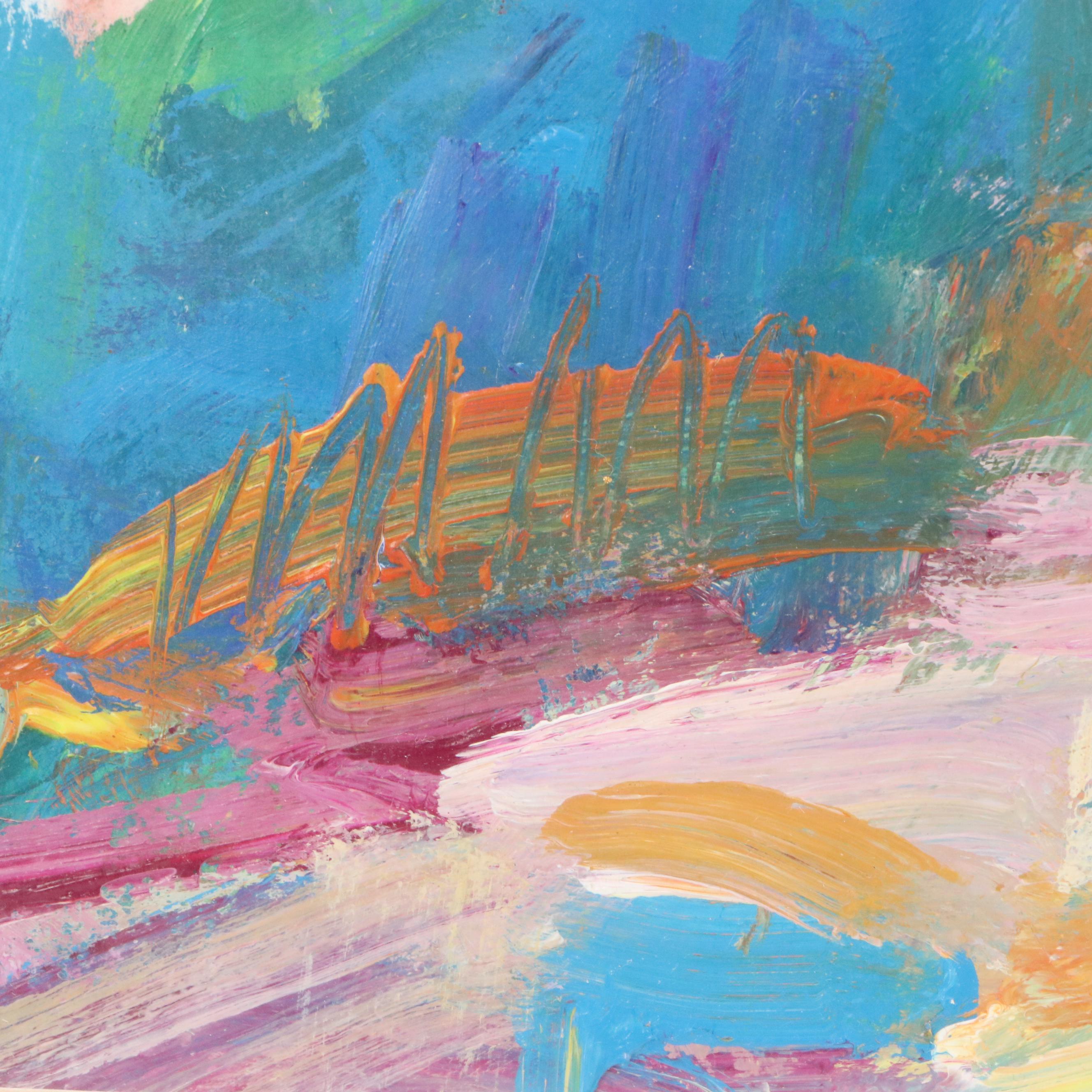 Ann Harrod Abstract Oil Painting of Outdoor Dining Scene, Late 20th Century