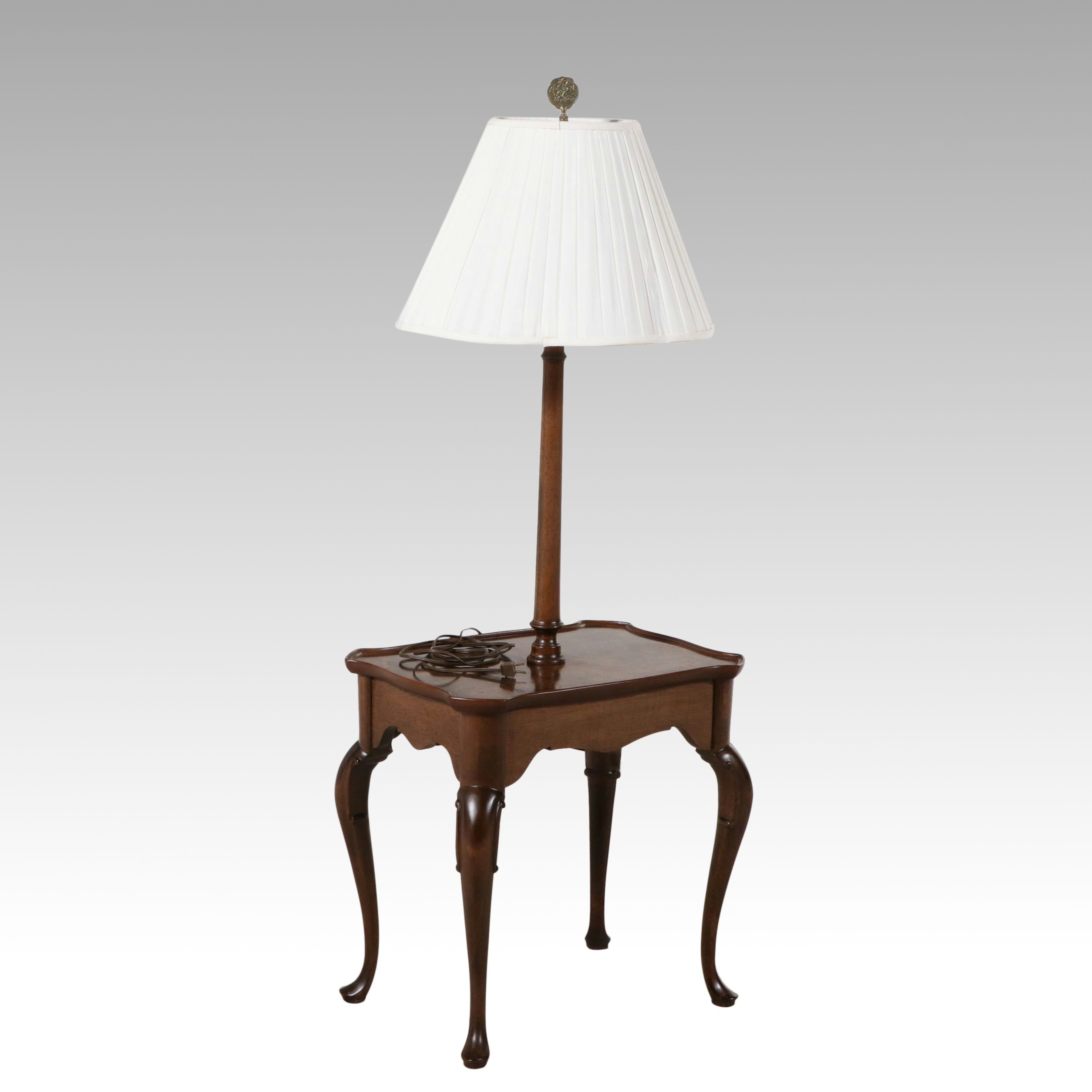 Queen Anne Style Burl Top Floor Table Lamp with Pleated Scallop Shade