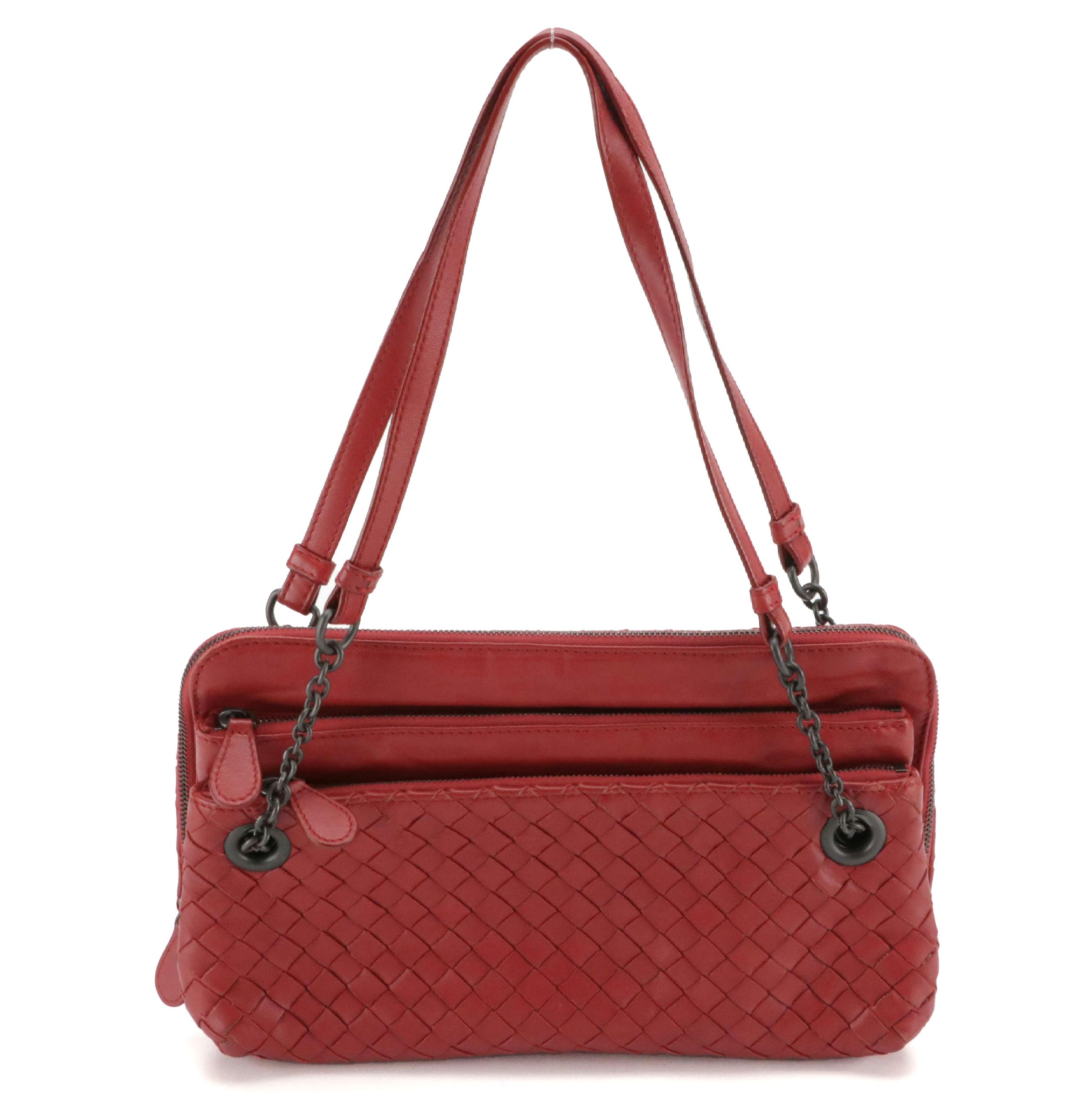Bottega Veneta Trio Zippered Shoulder Bag in Red Intrecciato Nappa Leather