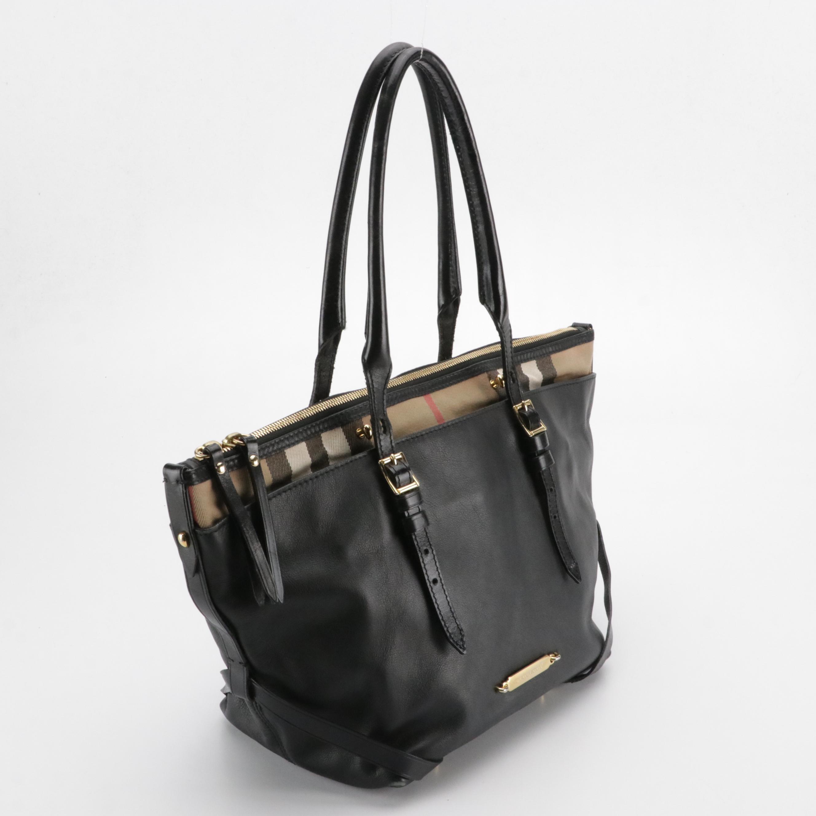 Burberry Salisbury Bridle Shoulder Bag in Black Leather and House Check Canvas