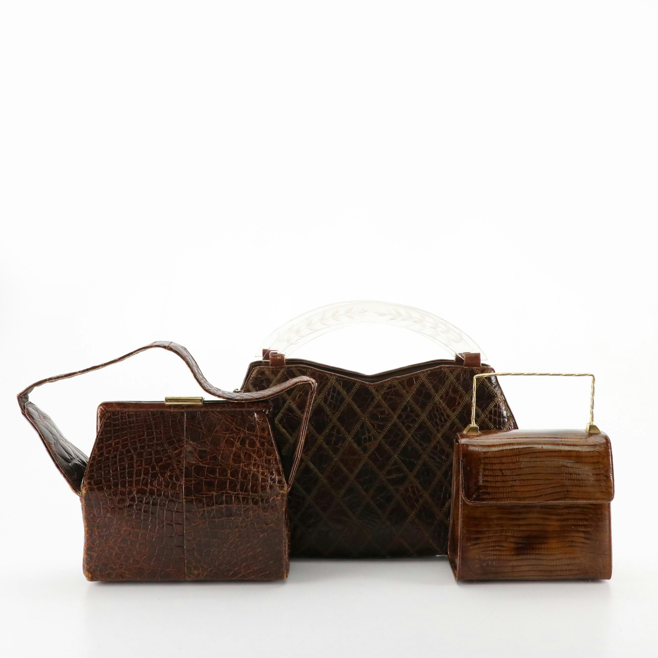 Alligator Framed and Stitch Work Alligator Bags W/  Embossed Lizard Skin Handbag