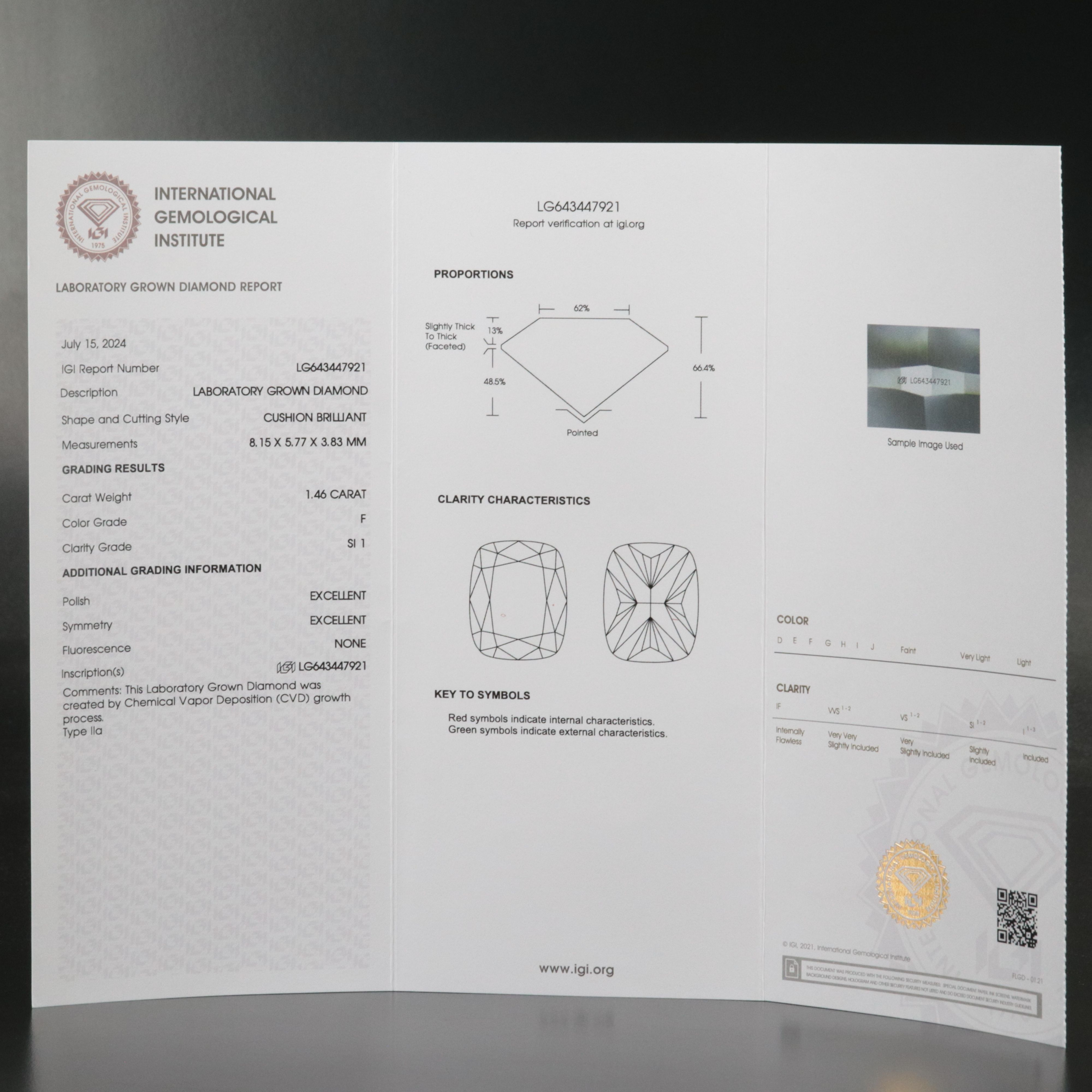 Loose 1.46 CT Lab Grown Diamond with IGI Report