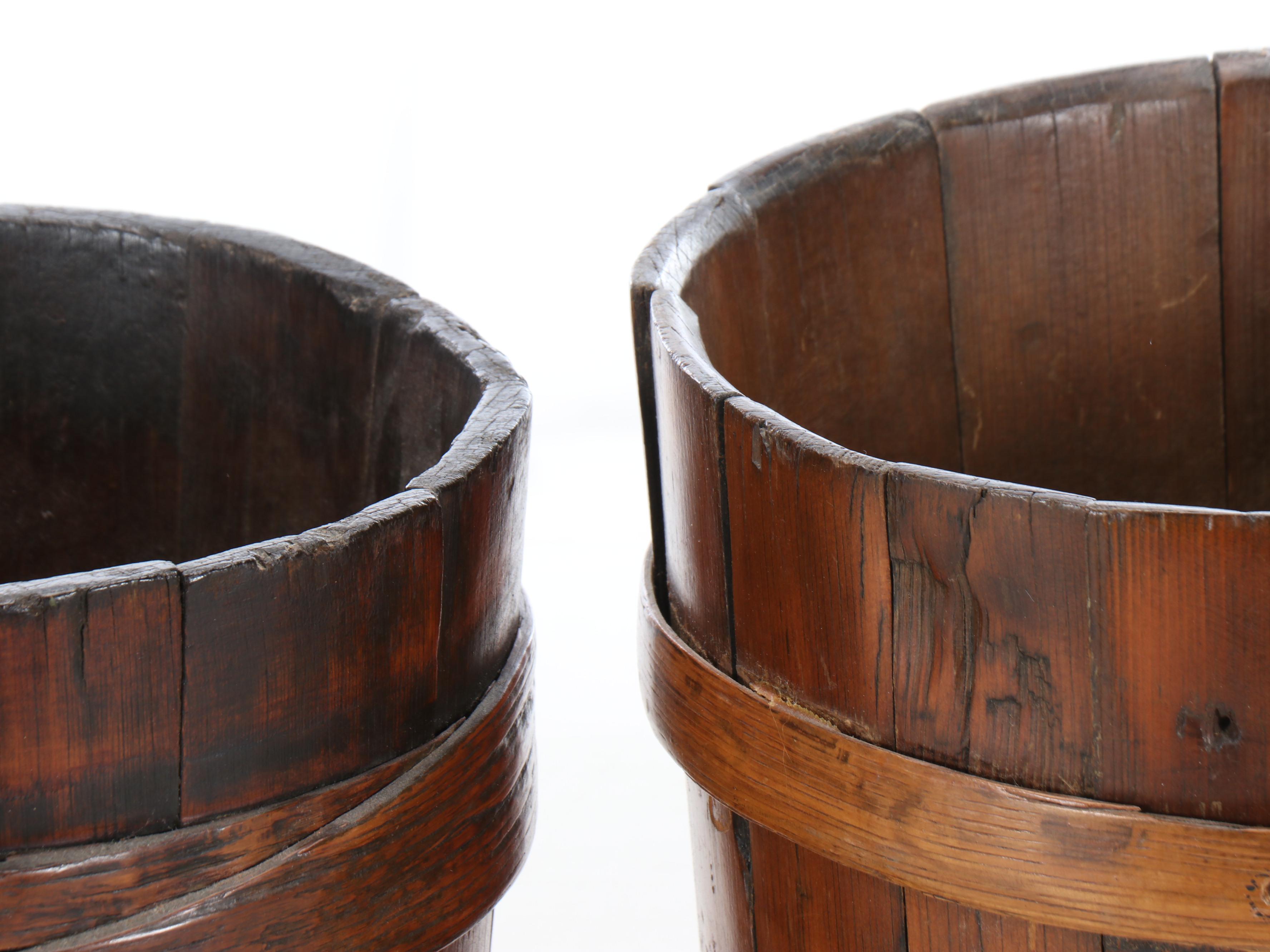 Primitive Style Coopered Wooden Buckets with Agricultural Iron Hanging Rack