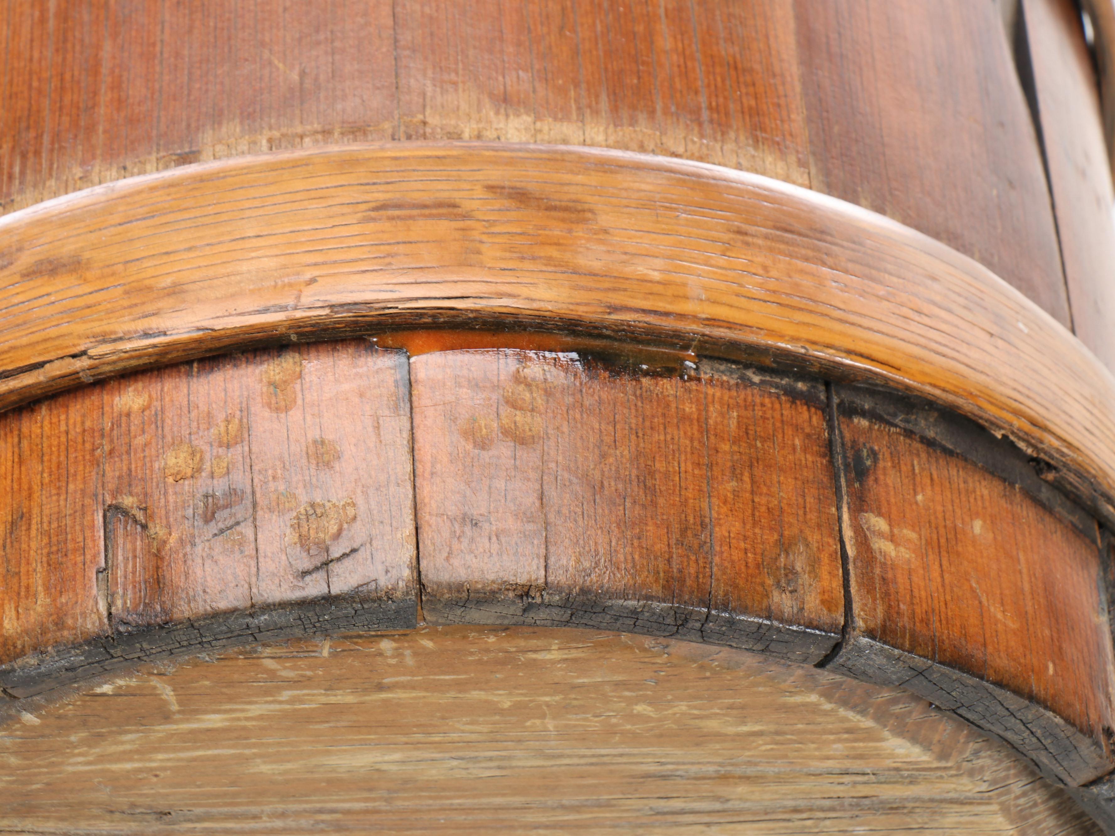 Primitive Style Coopered Wooden Buckets with Agricultural Iron Hanging Rack