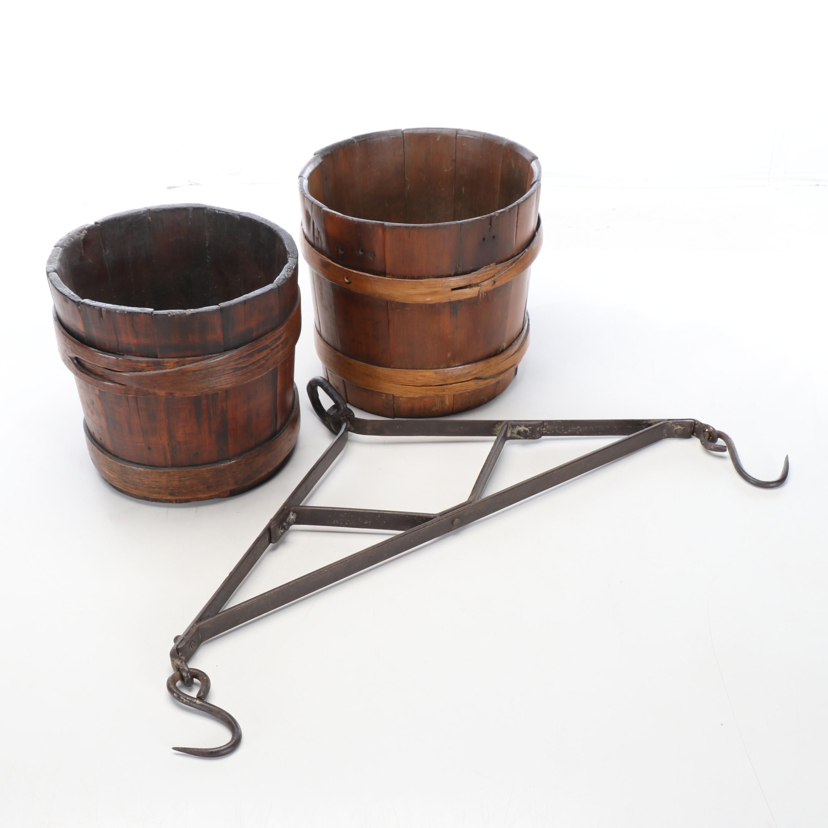 Primitive Style Coopered Wooden Buckets with Agricultural Iron Hanging Rack