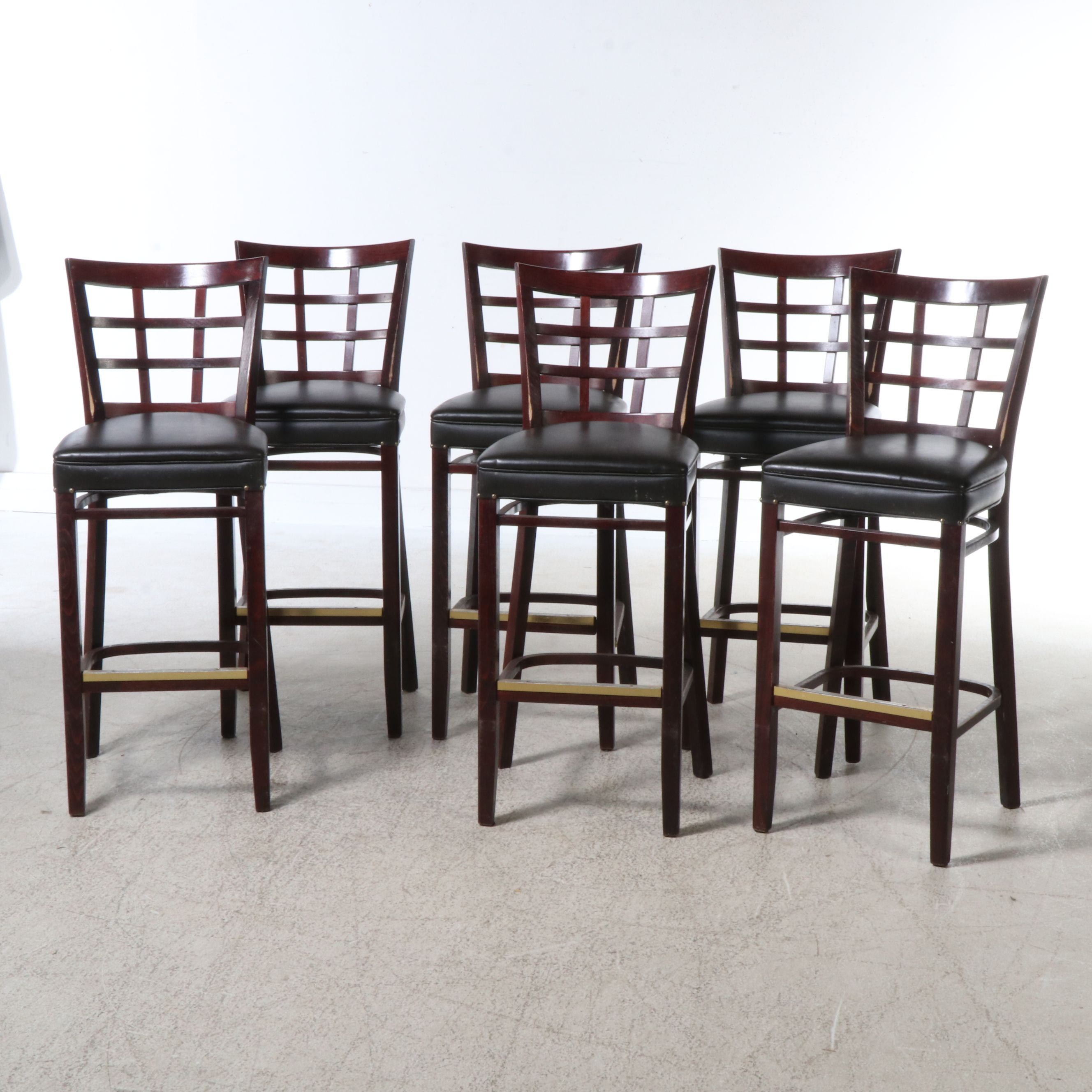 Six Wood and Faux Leather Barstools