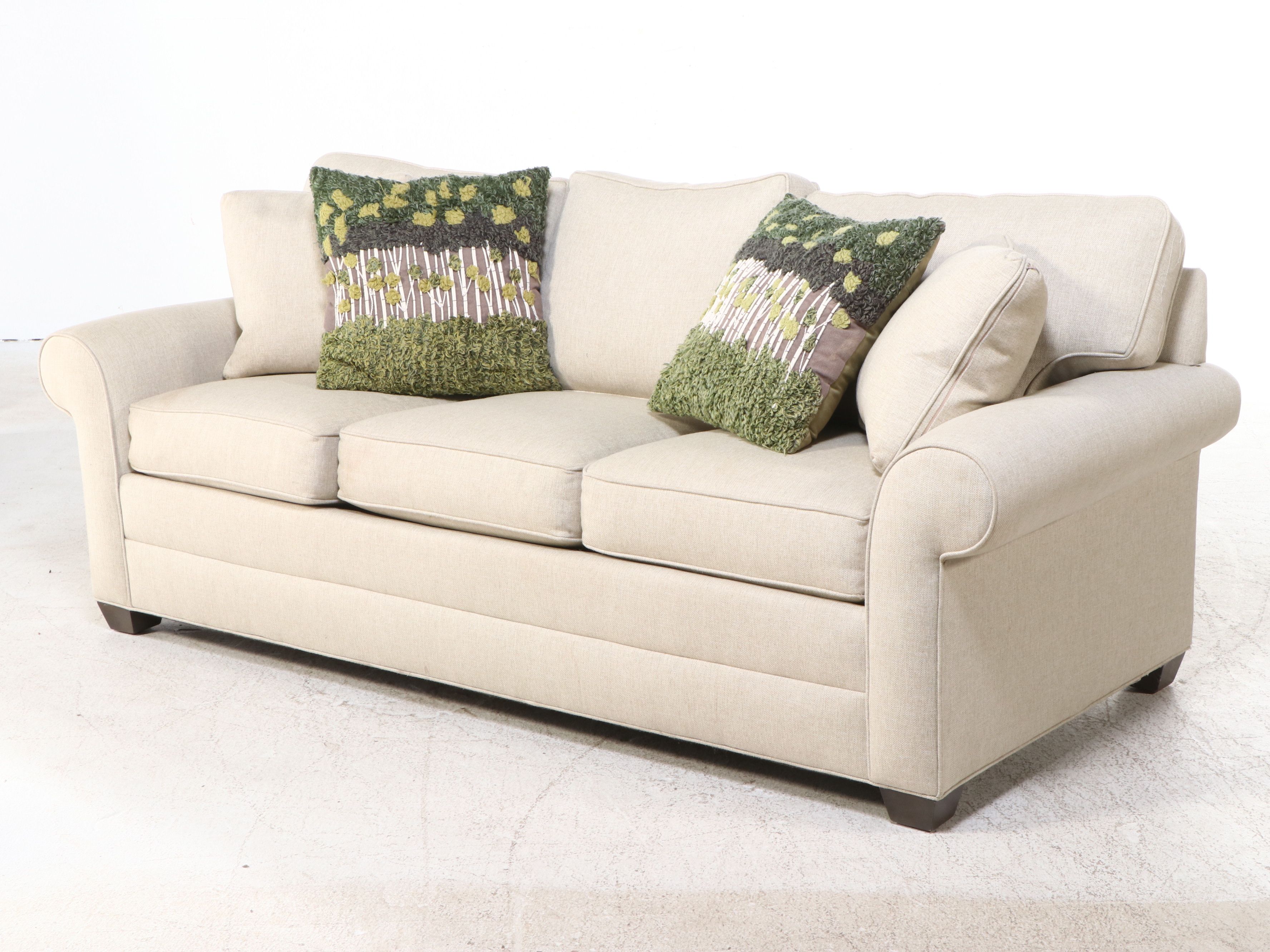 Ethan Allen Linen Upholstered Sofa with Accent Pillows