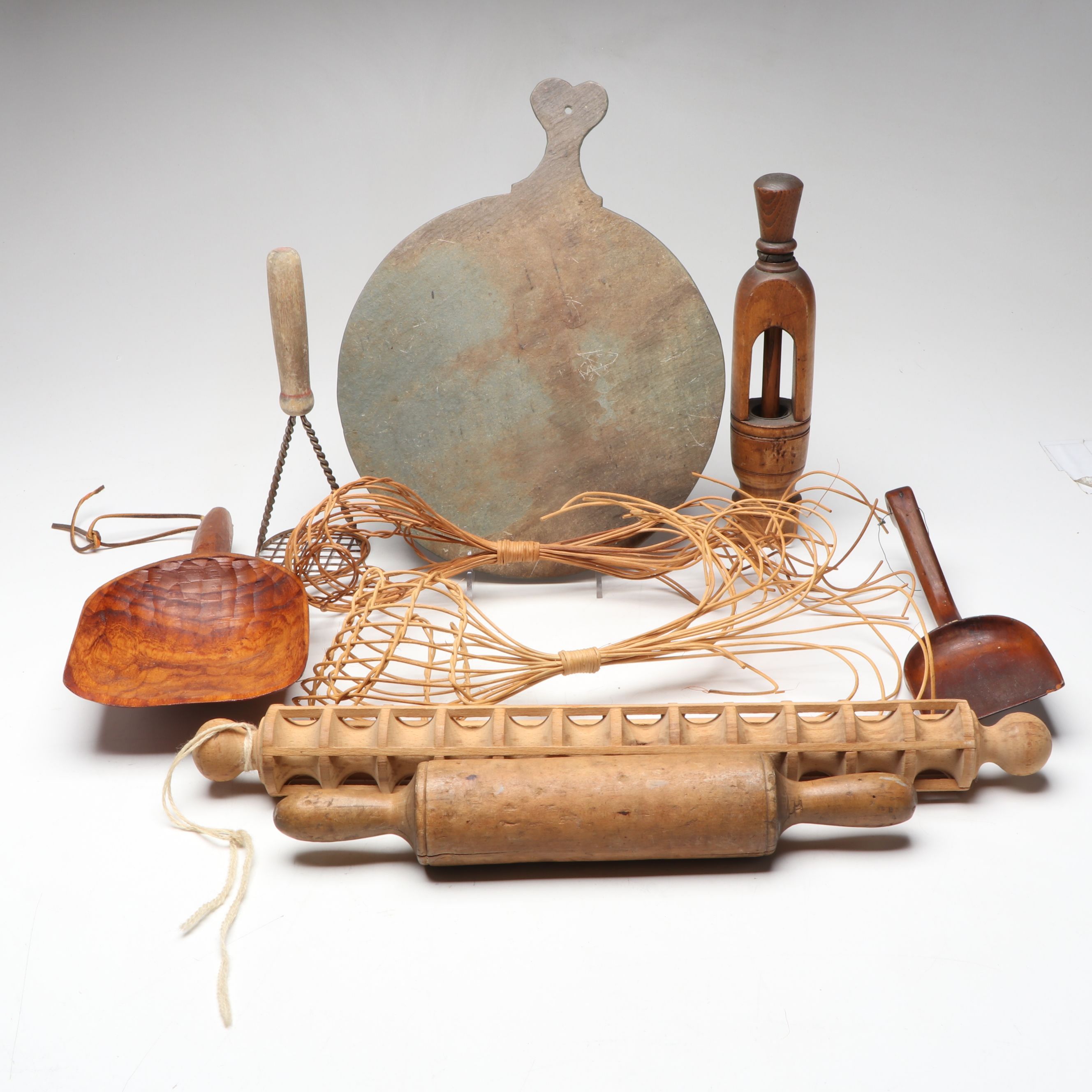 Vintage Wooden Pepper Grinder, Rolling Pins, Scoops, and Other Kitchen Tools