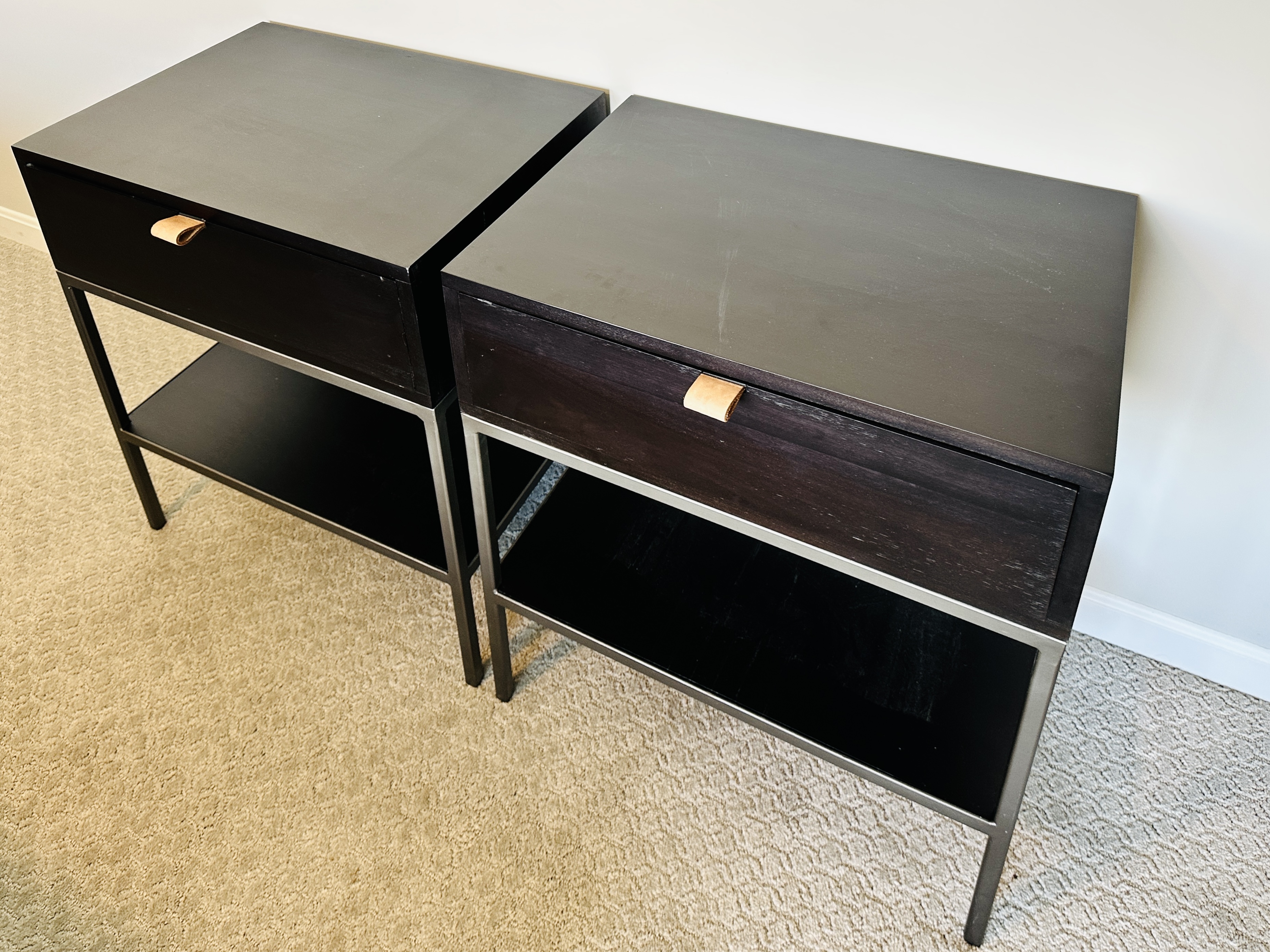 Pair of Four Hands "Trey" Ebonized Wood and Metal Nightstands