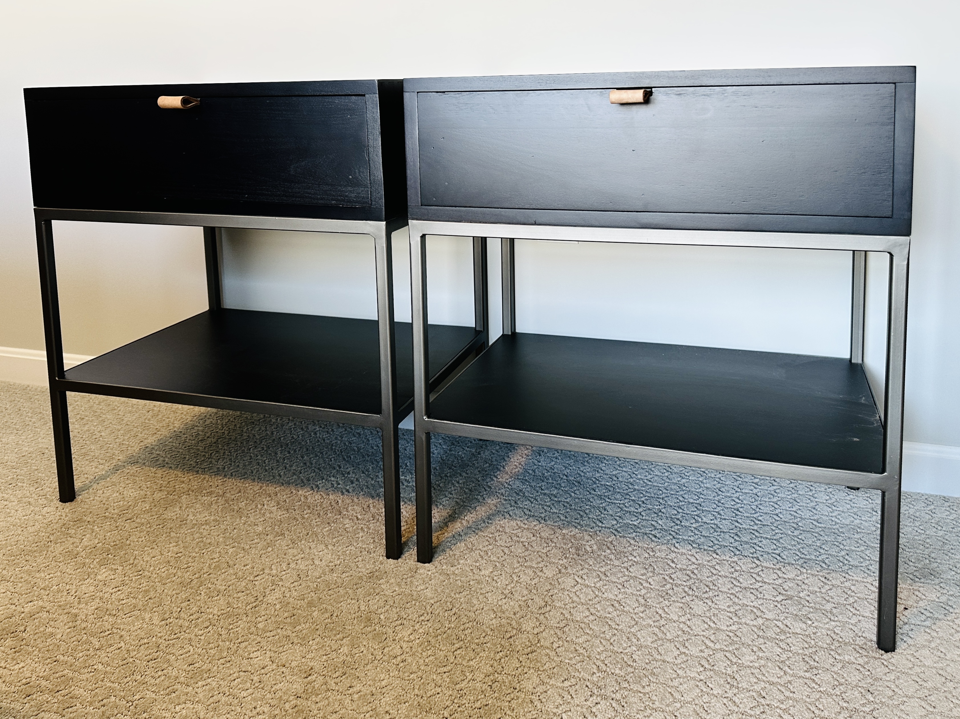 Pair of Four Hands "Trey" Ebonized Wood and Metal Nightstands