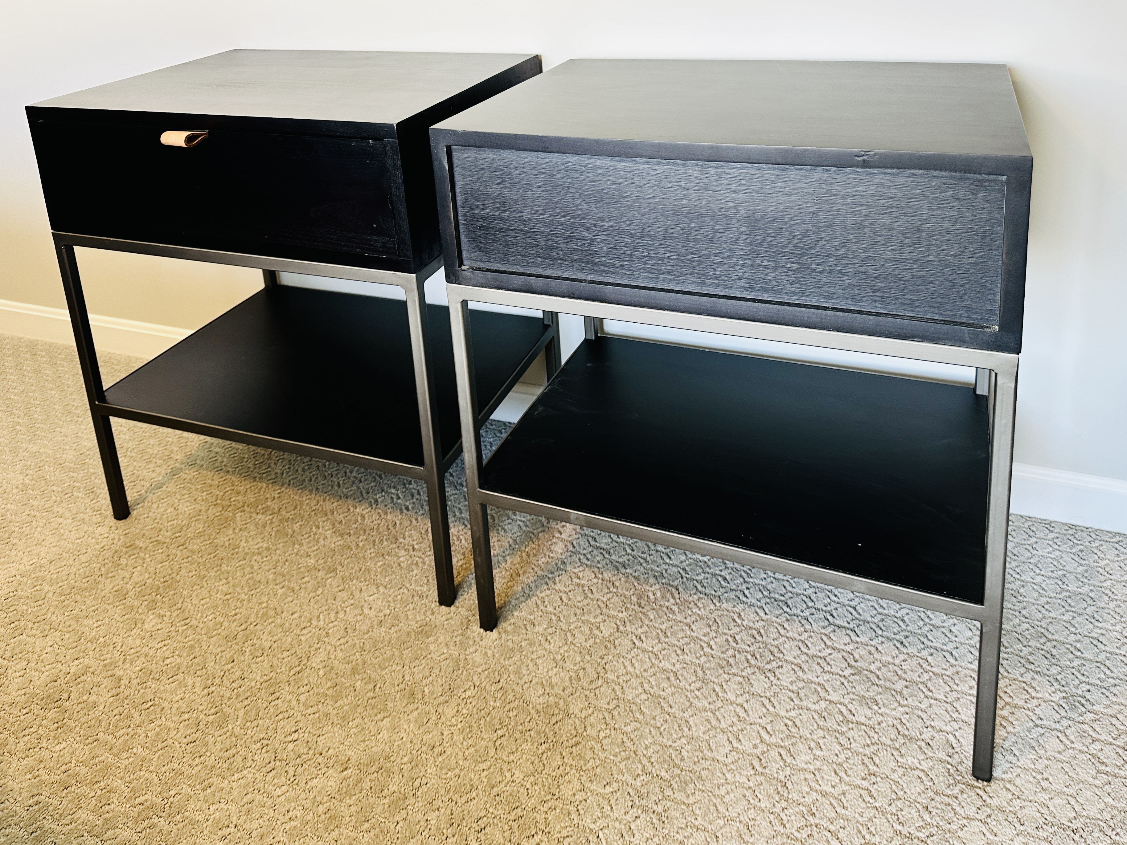 Pair of Four Hands "Trey" Ebonized Wood and Metal Nightstands