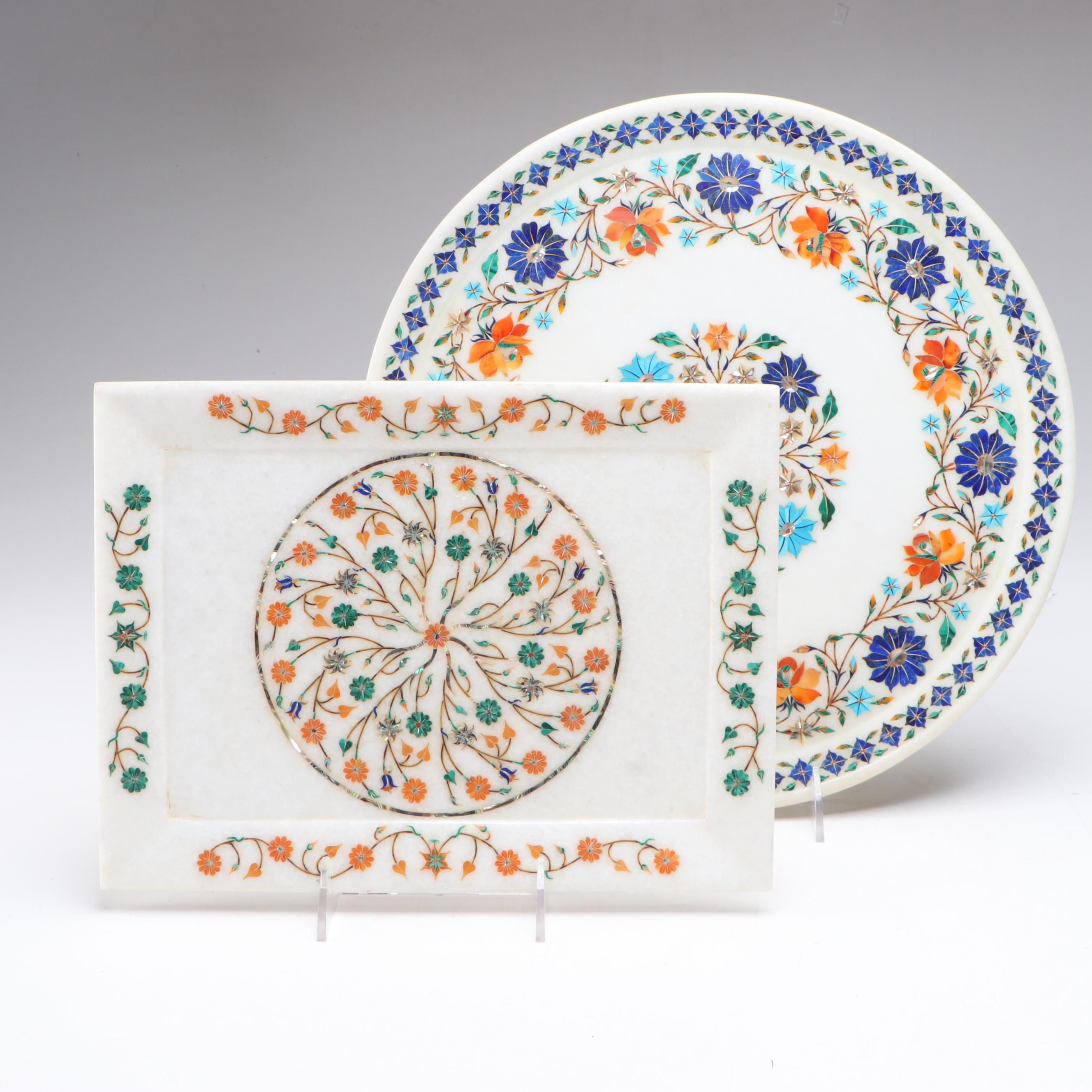 Marble Serving Trays Inlaid with Lapis Lazuli, Malachite and Abalone