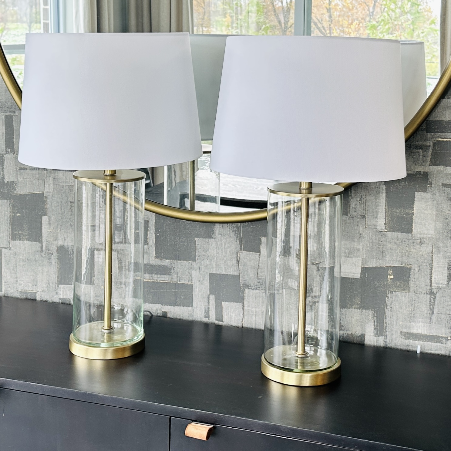 Pair of Contemporary Gold Tone Metal and Glass Table Lamps