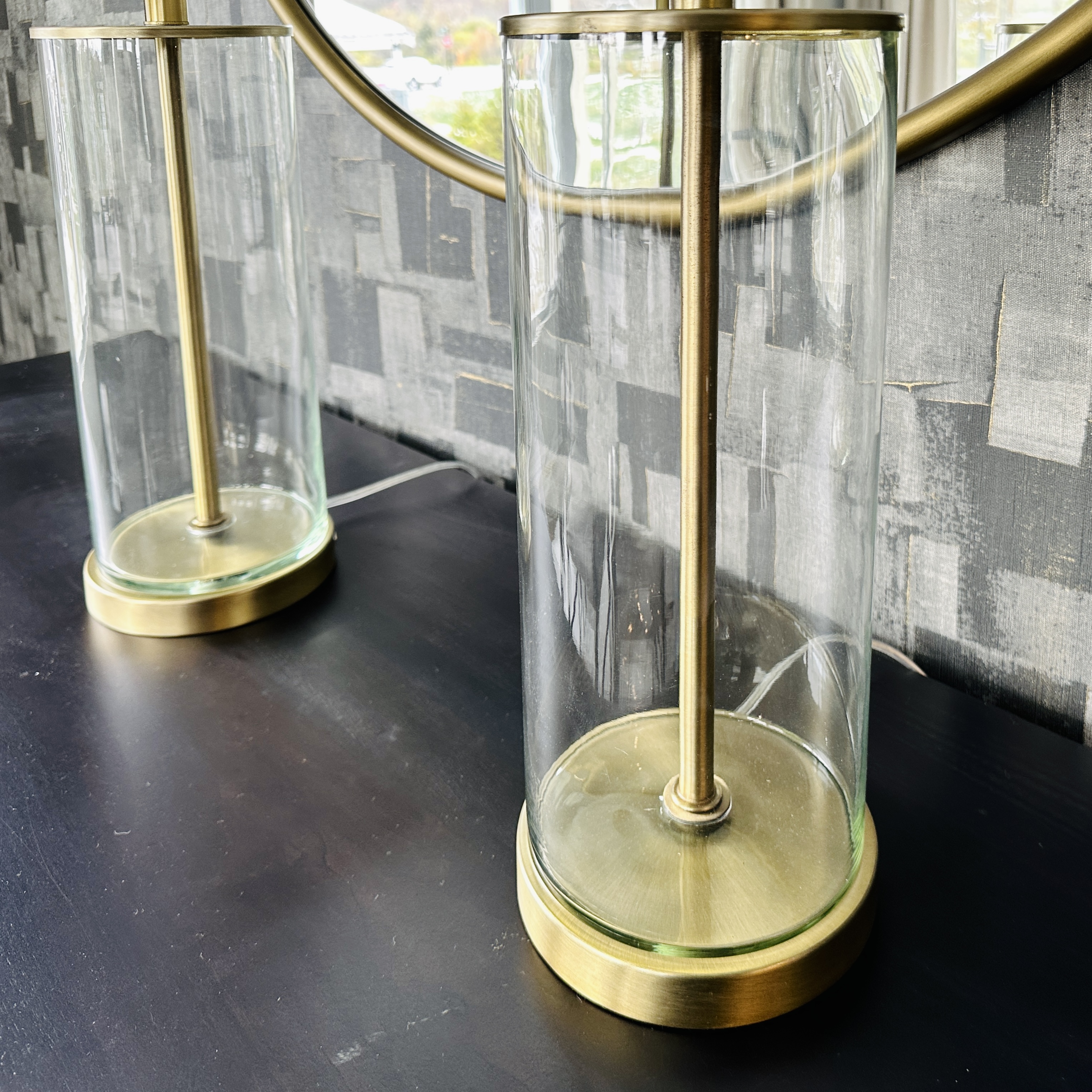 Pair of Contemporary Gold Tone Metal and Glass Table Lamps