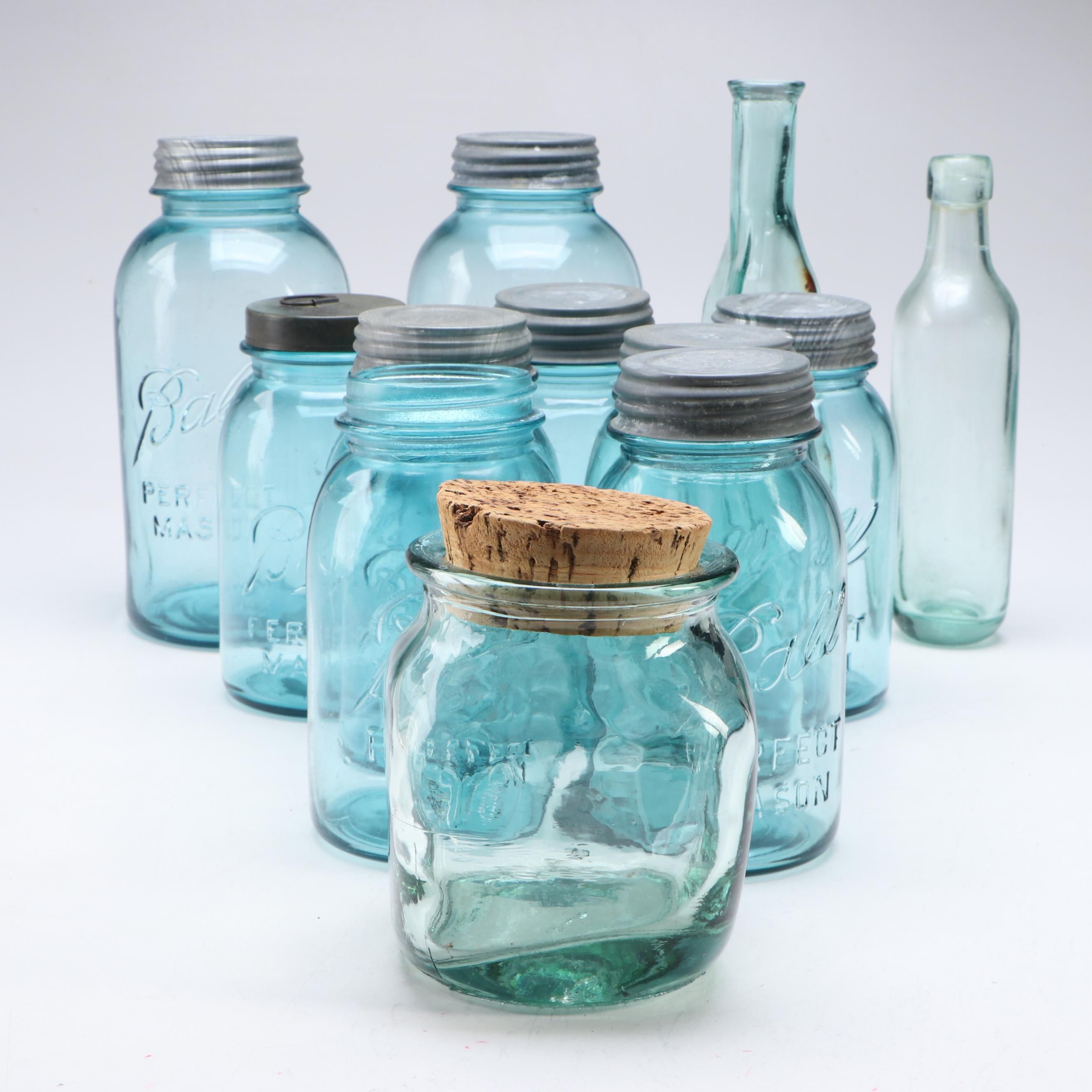 Ball Perfect Mason Canning Jars with Other Blue Glass Bottles and Jars