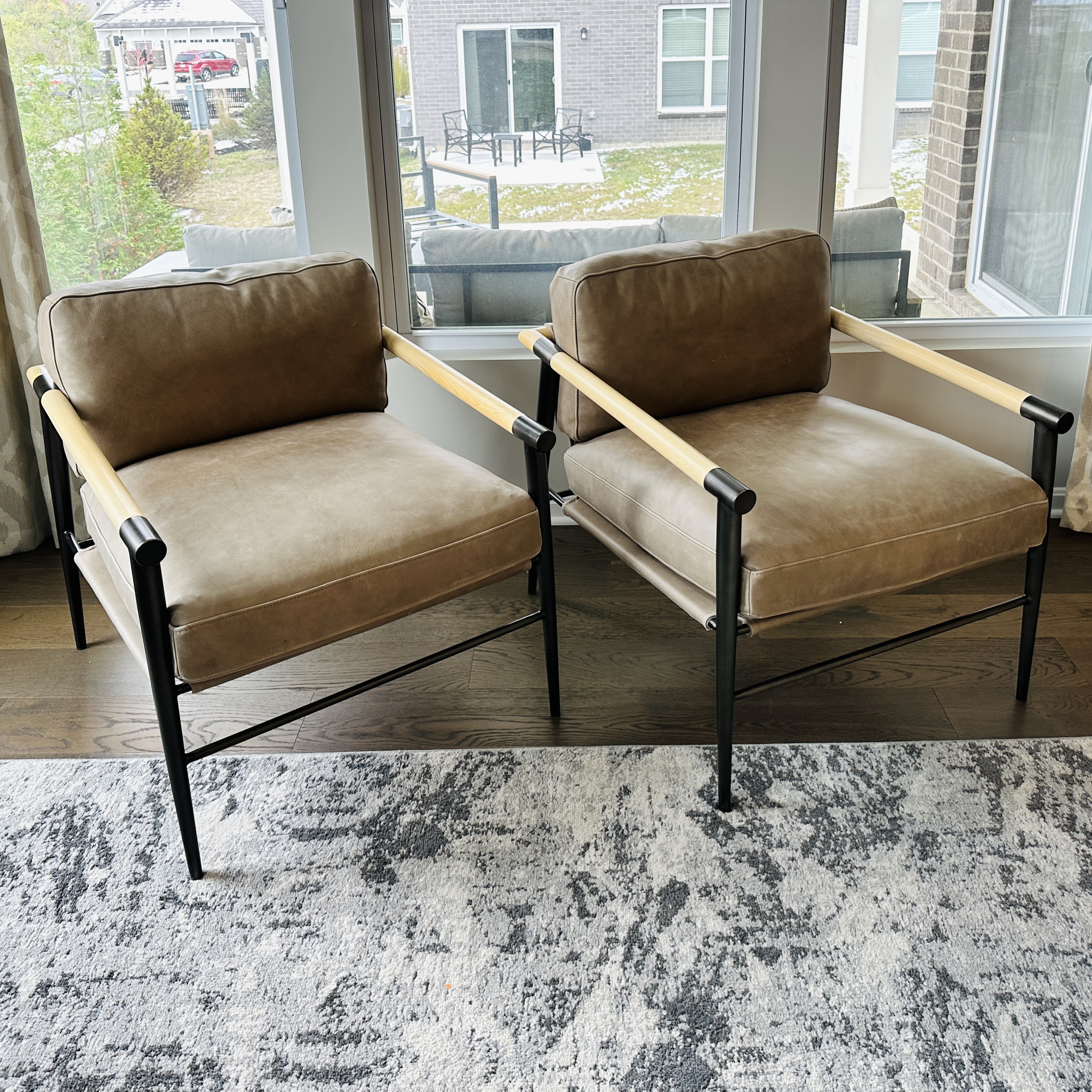 Pair of Four Hands "Rowen" Leather Upholstered Metal and Wood Armchairs