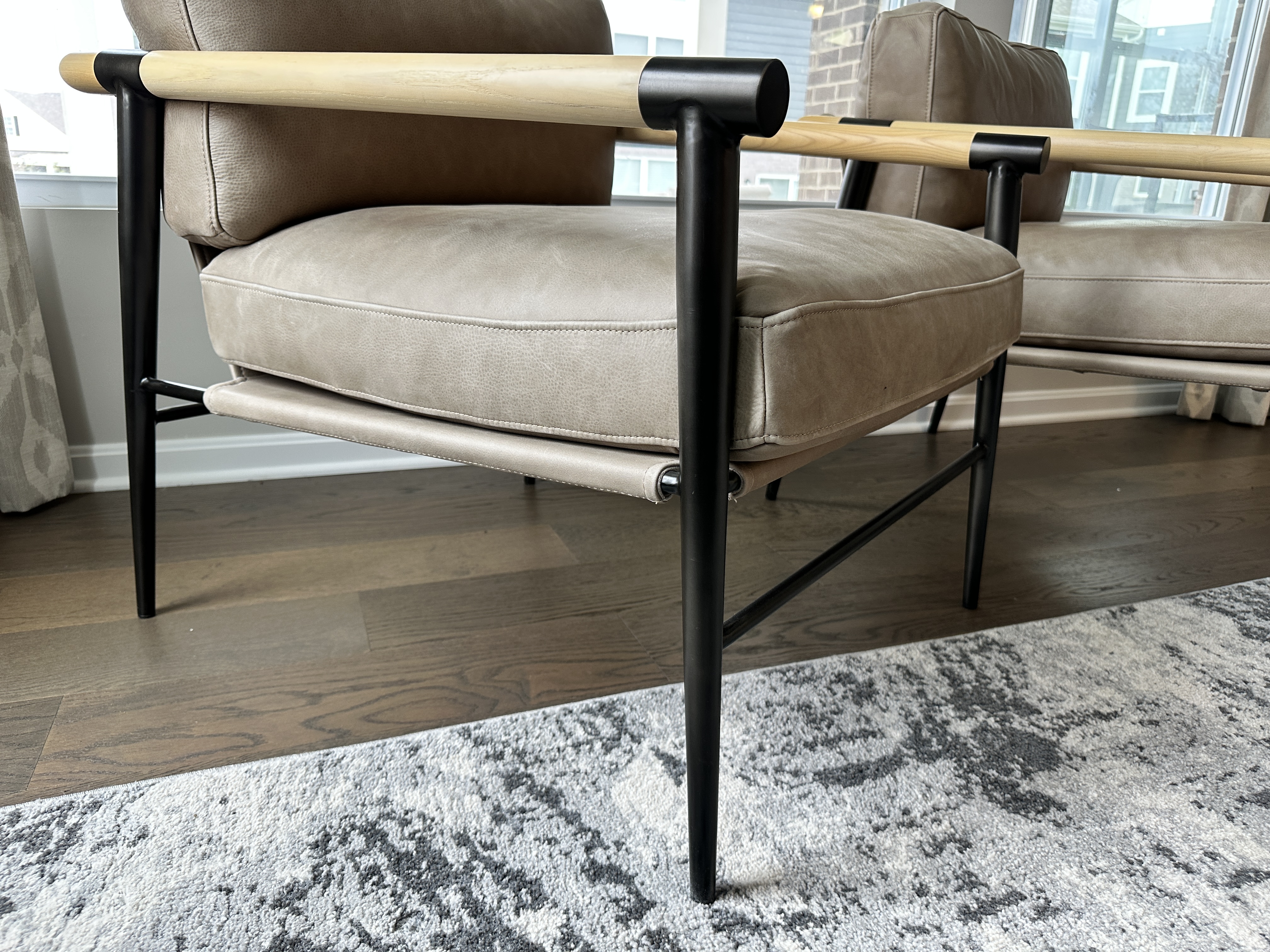 Pair of Four Hands "Rowen" Leather Upholstered Metal and Wood Armchairs