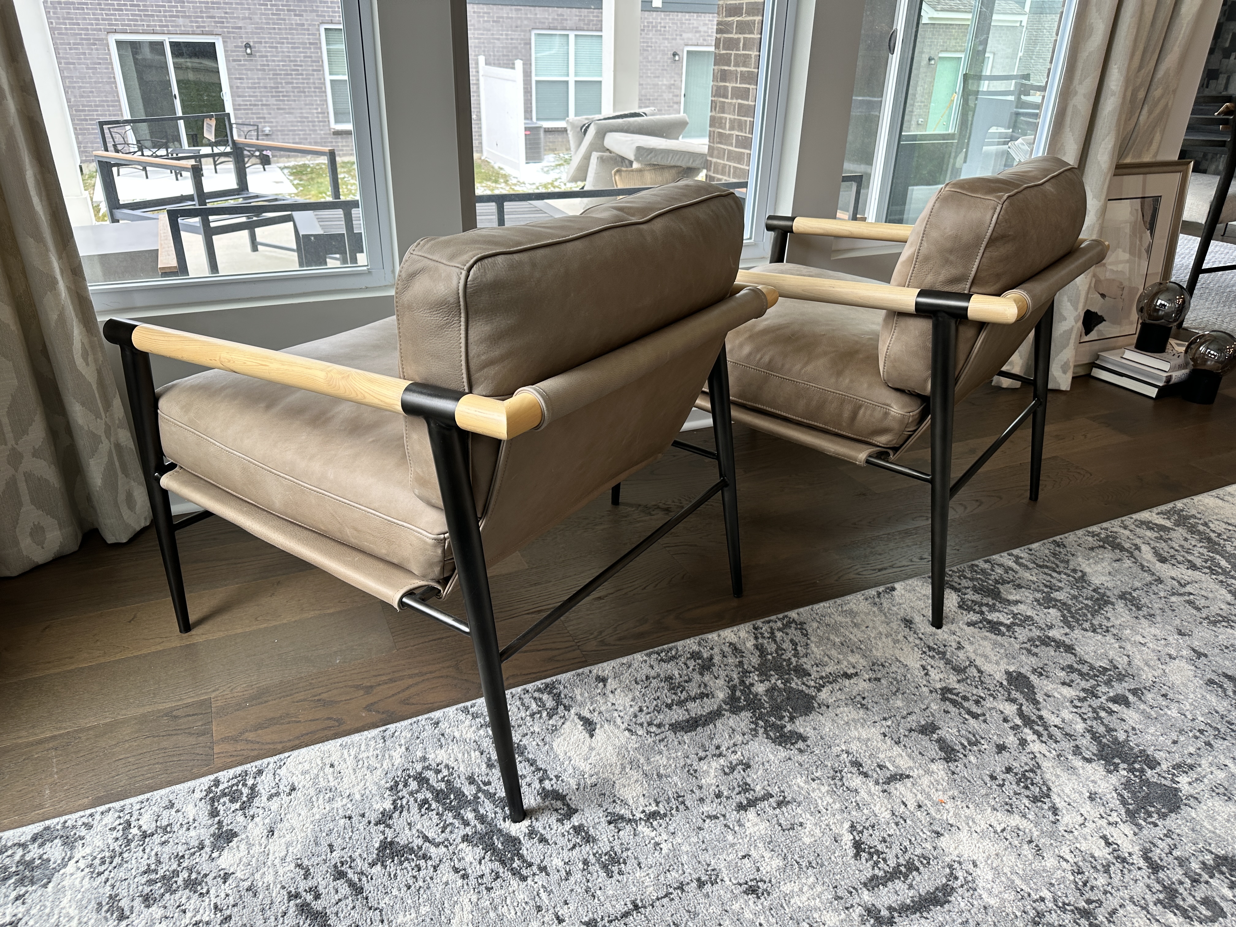 Pair of Four Hands "Rowen" Leather Upholstered Metal and Wood Armchairs