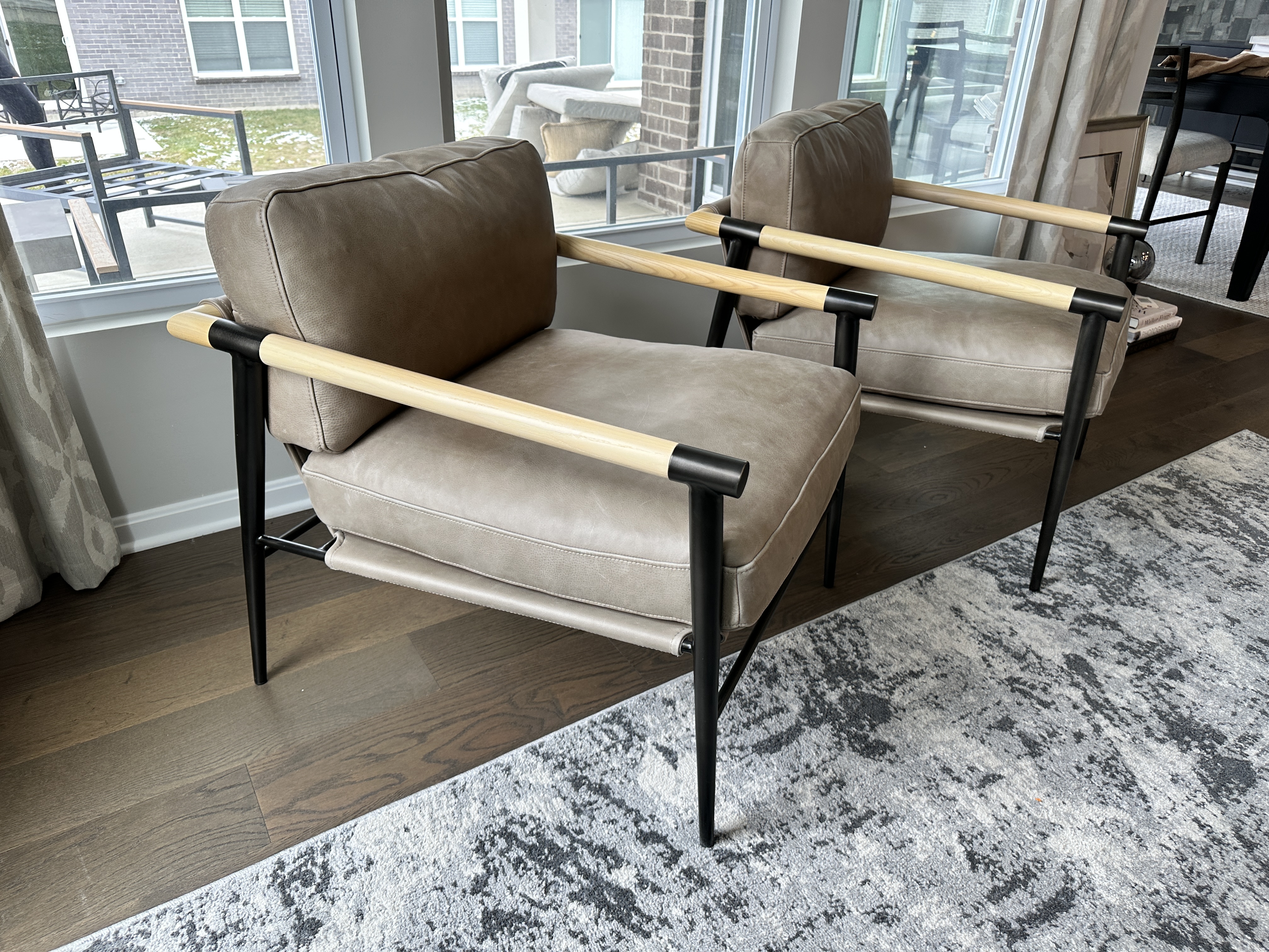 Pair of Four Hands "Rowen" Leather Upholstered Metal and Wood Armchairs