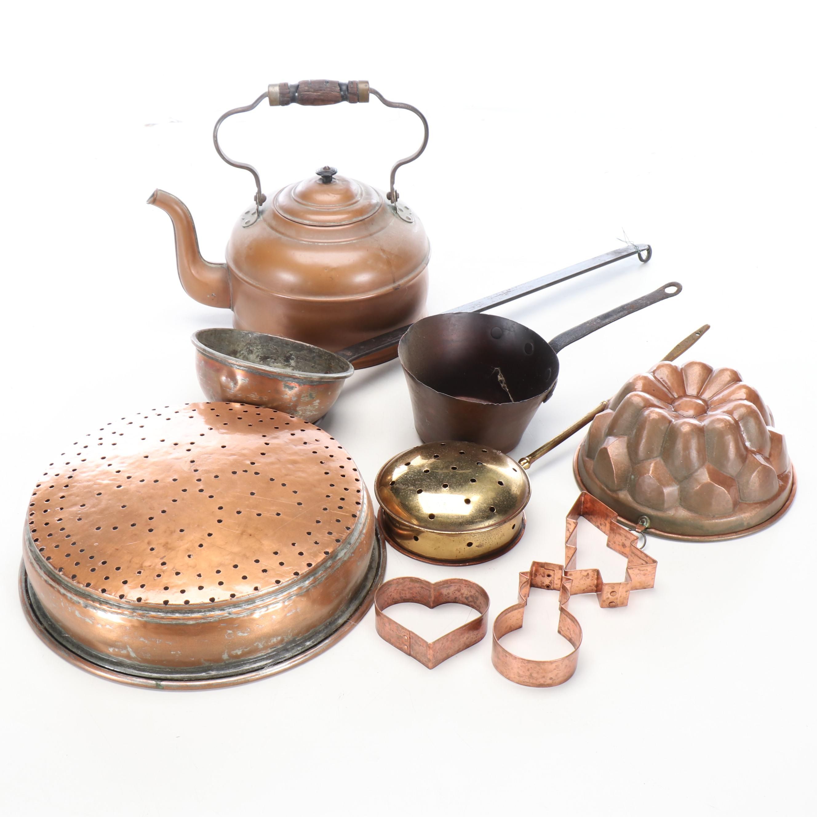 Victorian Style Copper Kettle and Mold with Other Kitchenware, 20th Century