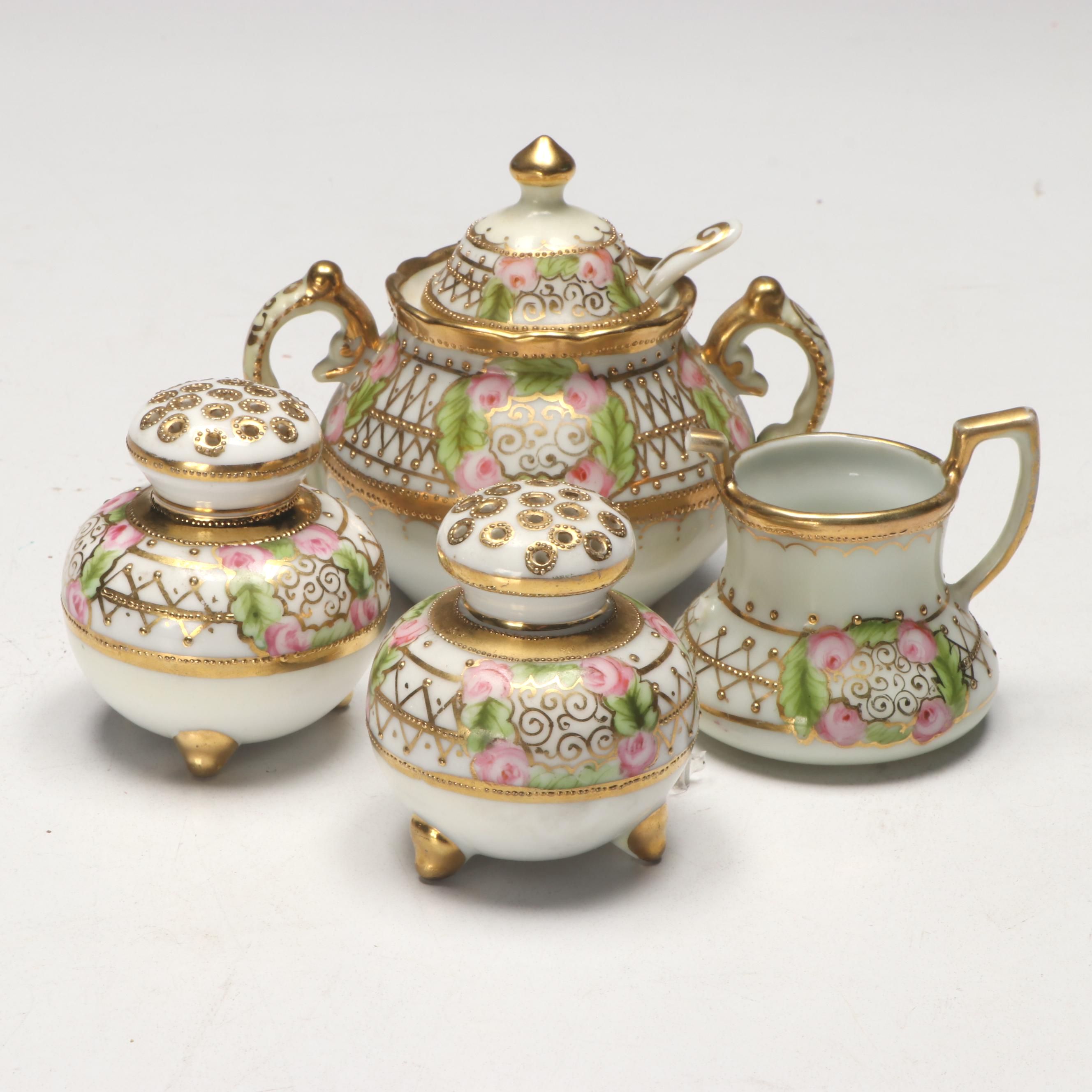 Nippon Japanese Porcelain Gilt and Floral Sugar Bowl and Table Accessories