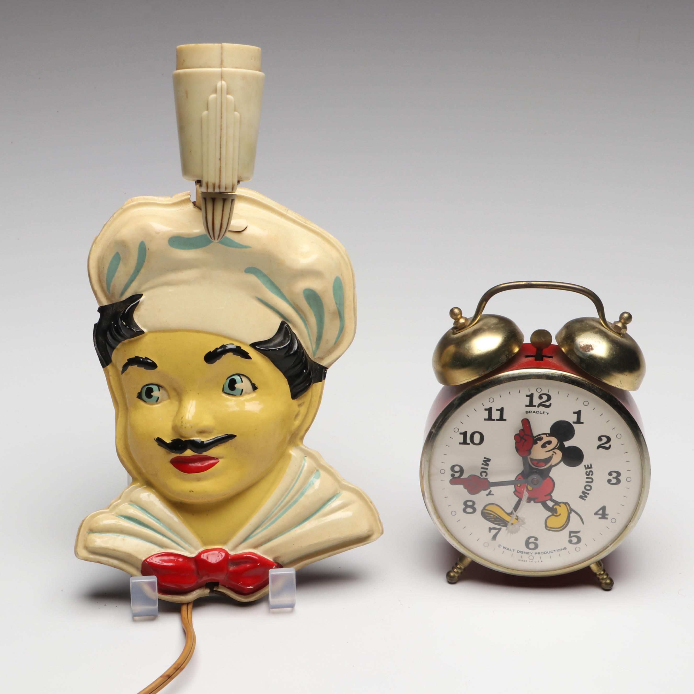 Walt Disney and Bradley Mickey Mouse Alarm Clock with Chef Wall Lamp