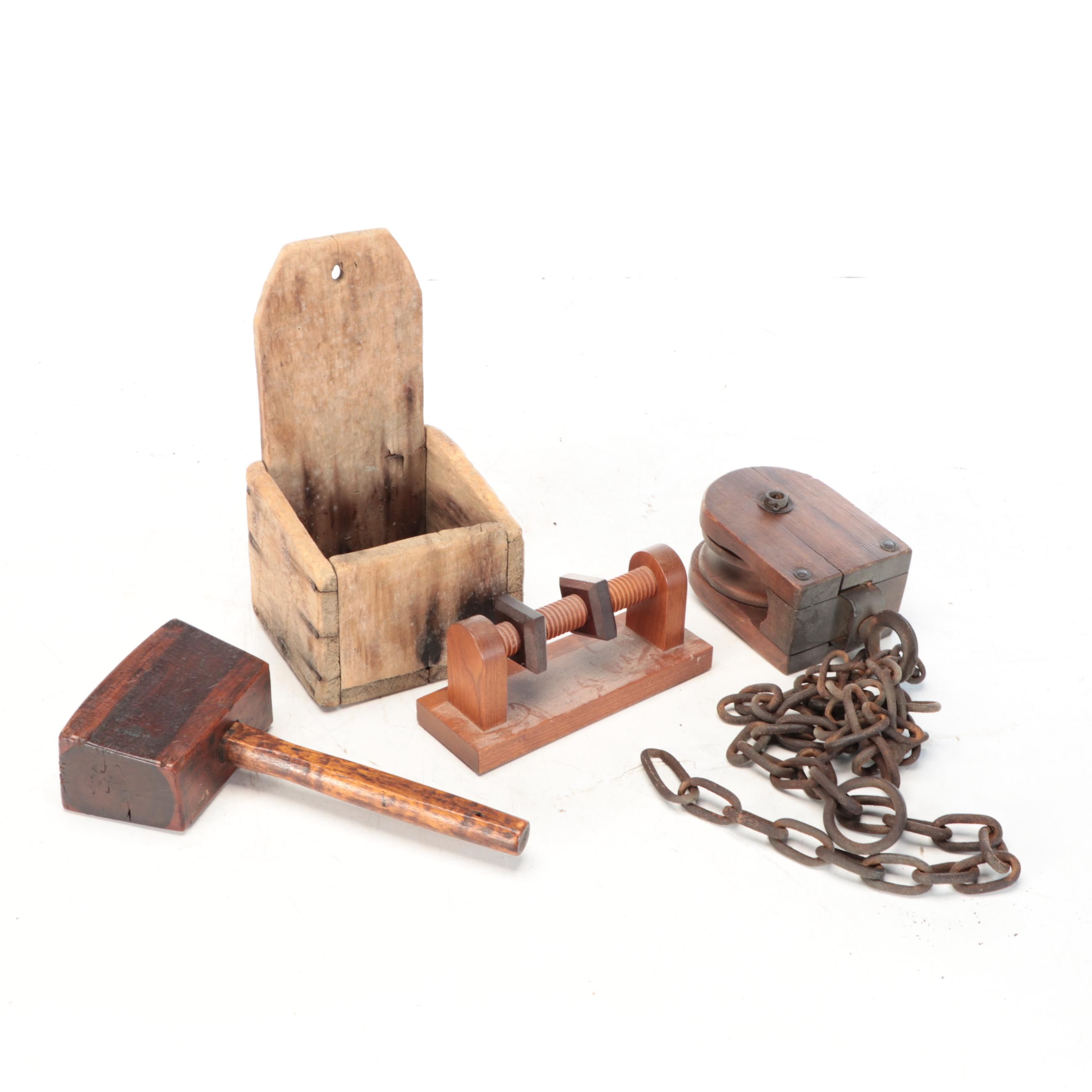 Wood Mallet, Pulley, and More Antique Hand Tools