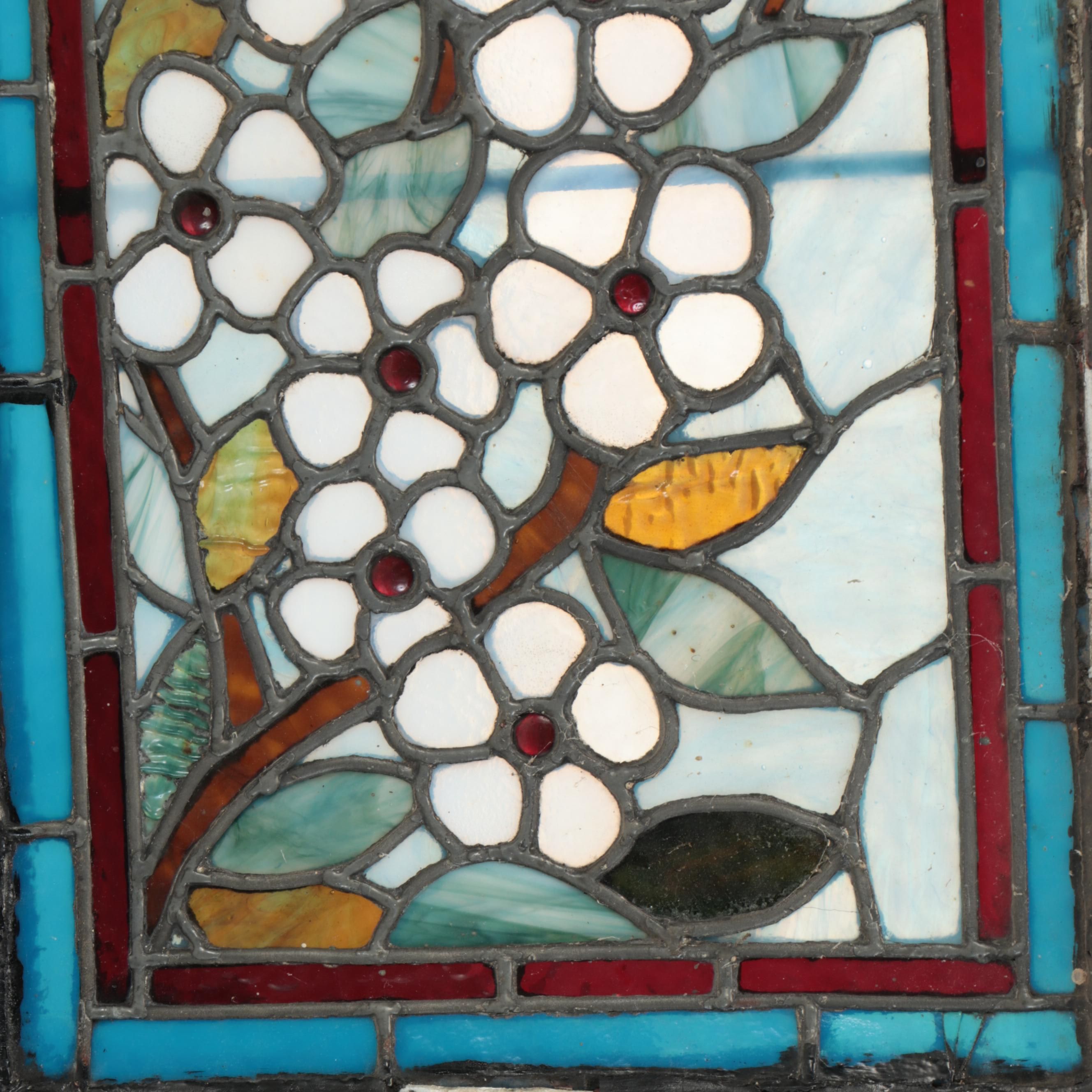 Art Nouveau Style Slag Glass White Flowers Window Panel