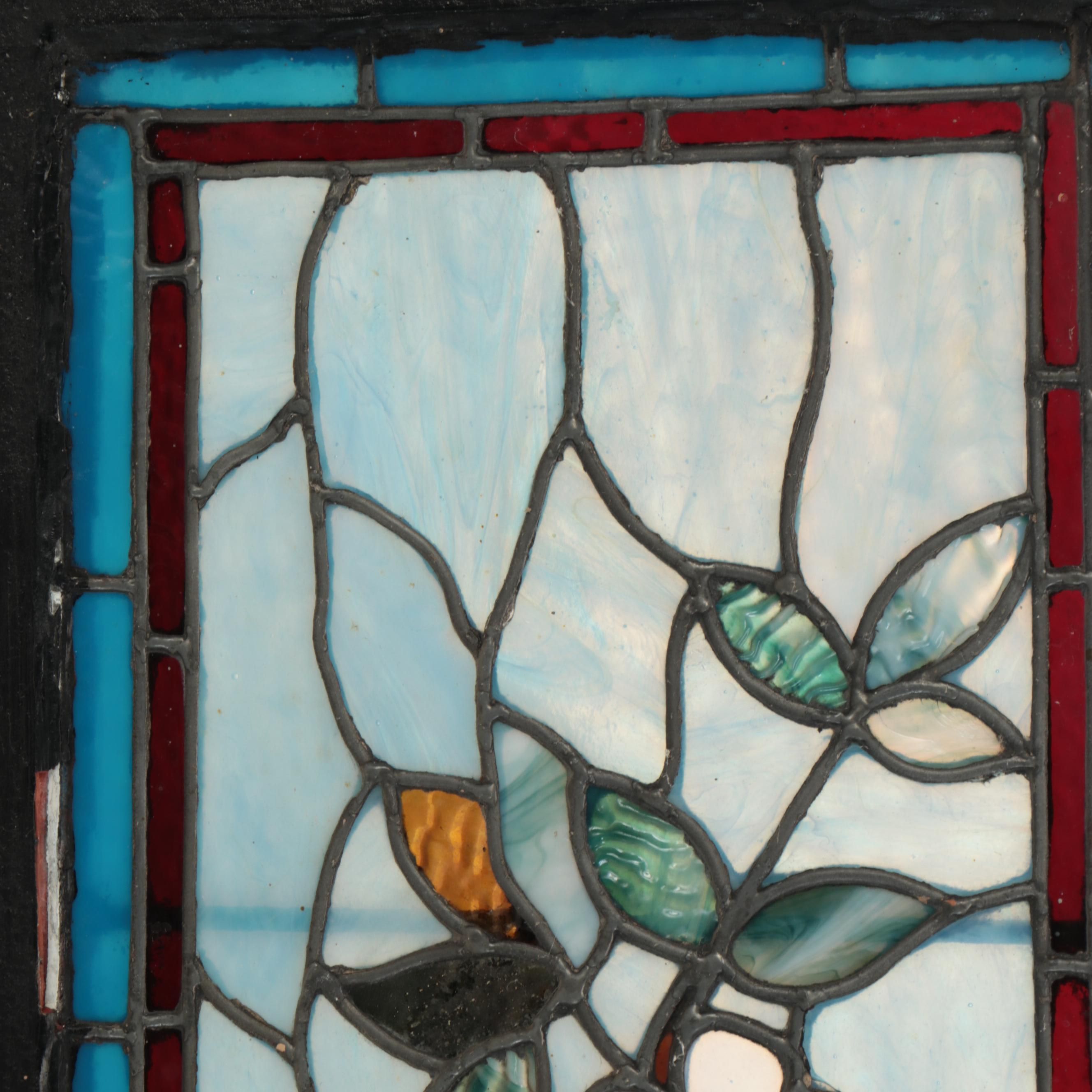 Art Nouveau Style Slag Glass White Flowers Window Panel