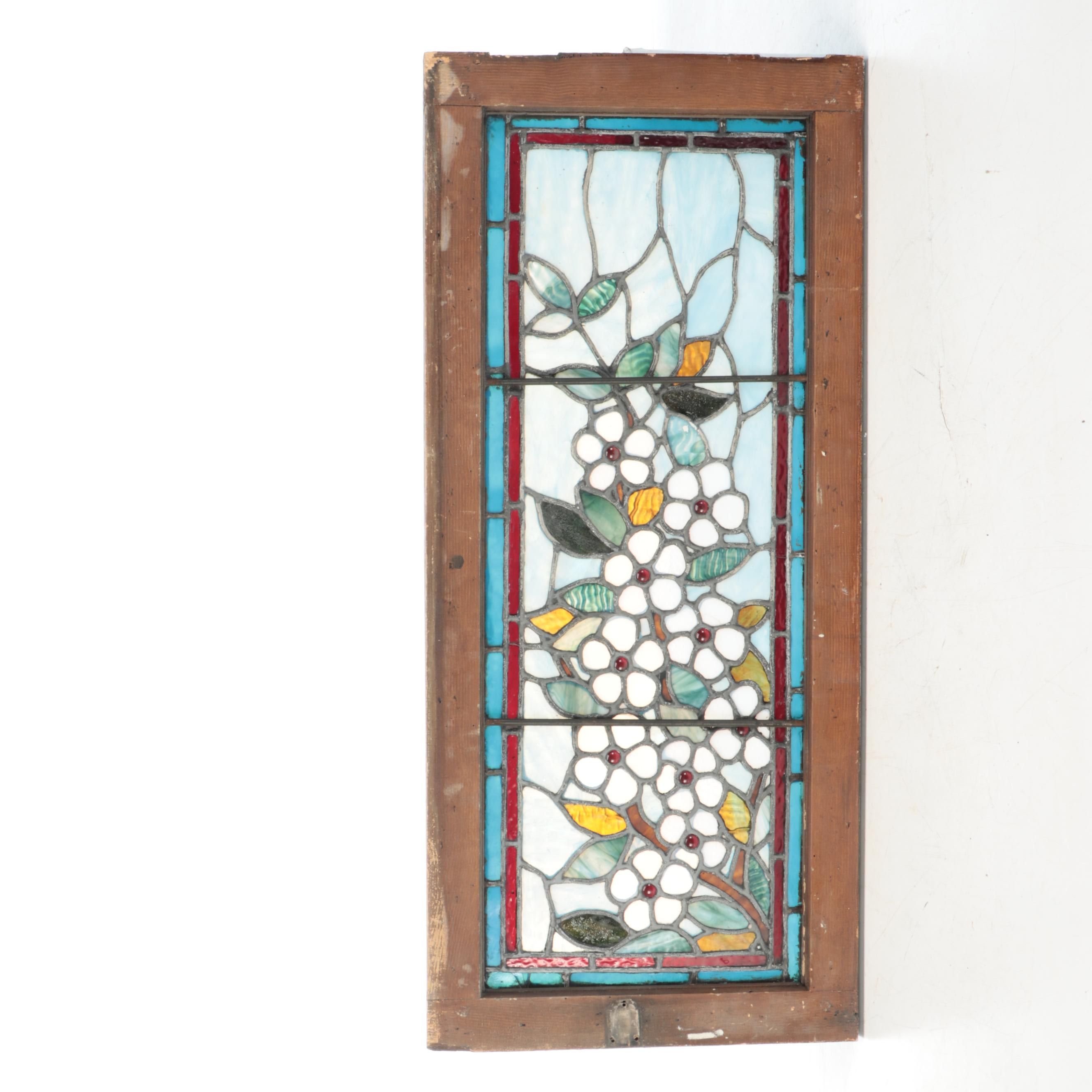Art Nouveau Style Slag Glass White Flowers Window Panel