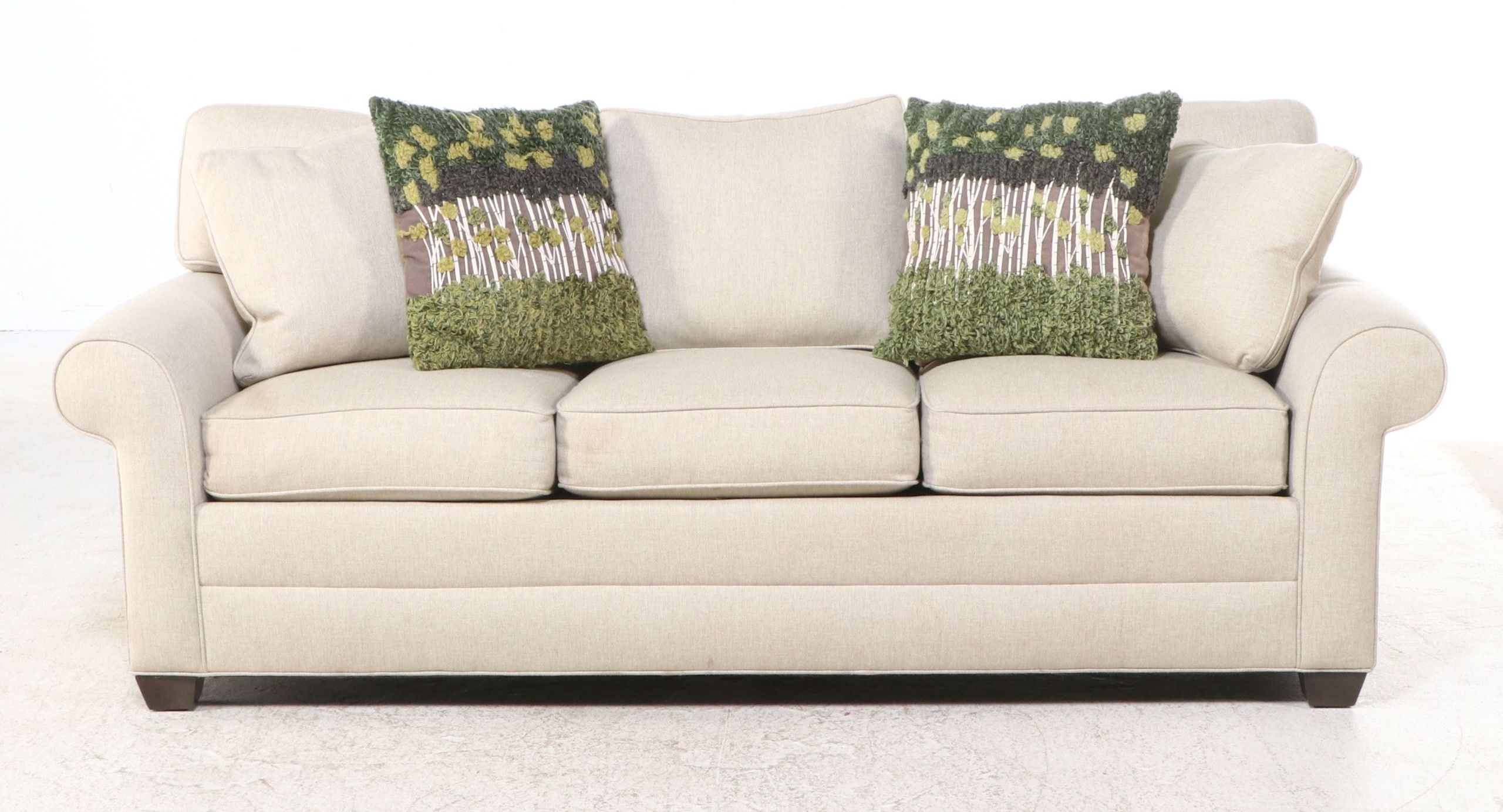 Ethan Allen Linen Upholstered Sofa with Accent Pillows