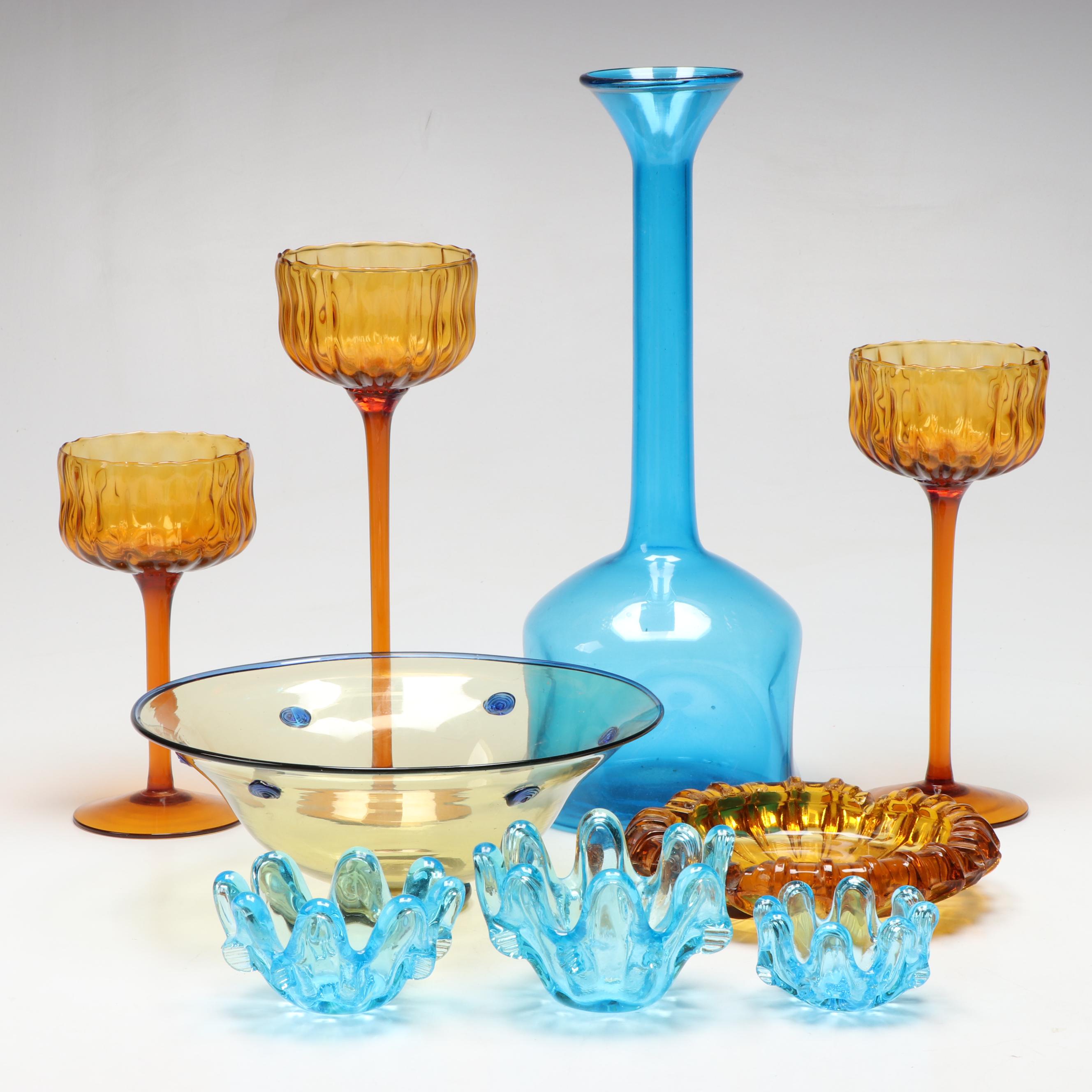 Steuben Style Art Glass Bowl, Blown Glass Vase, More Blue and Amber Glassware
