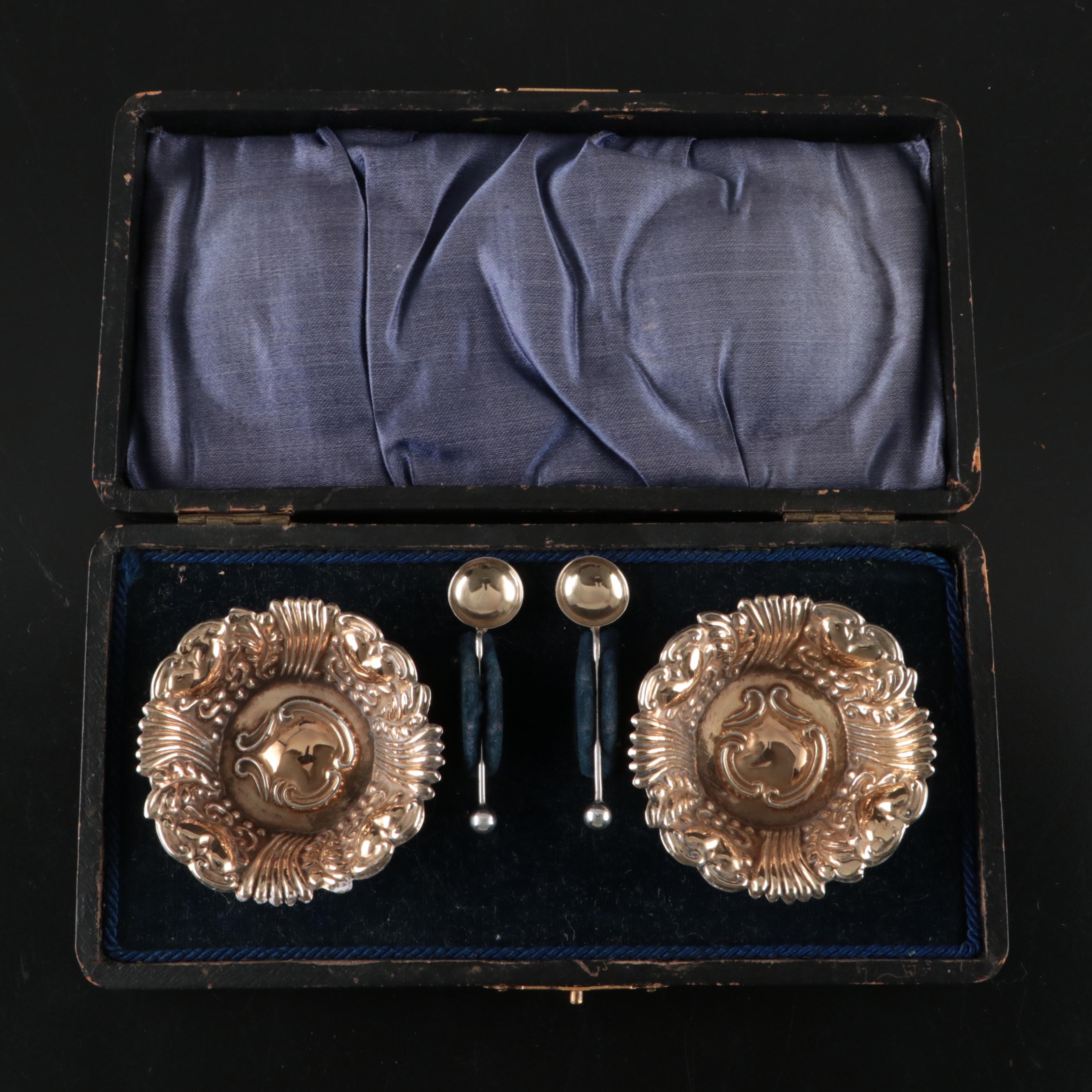 William Devenport Sterling Silver Salt Cellars and Spoons, Early 20th C.