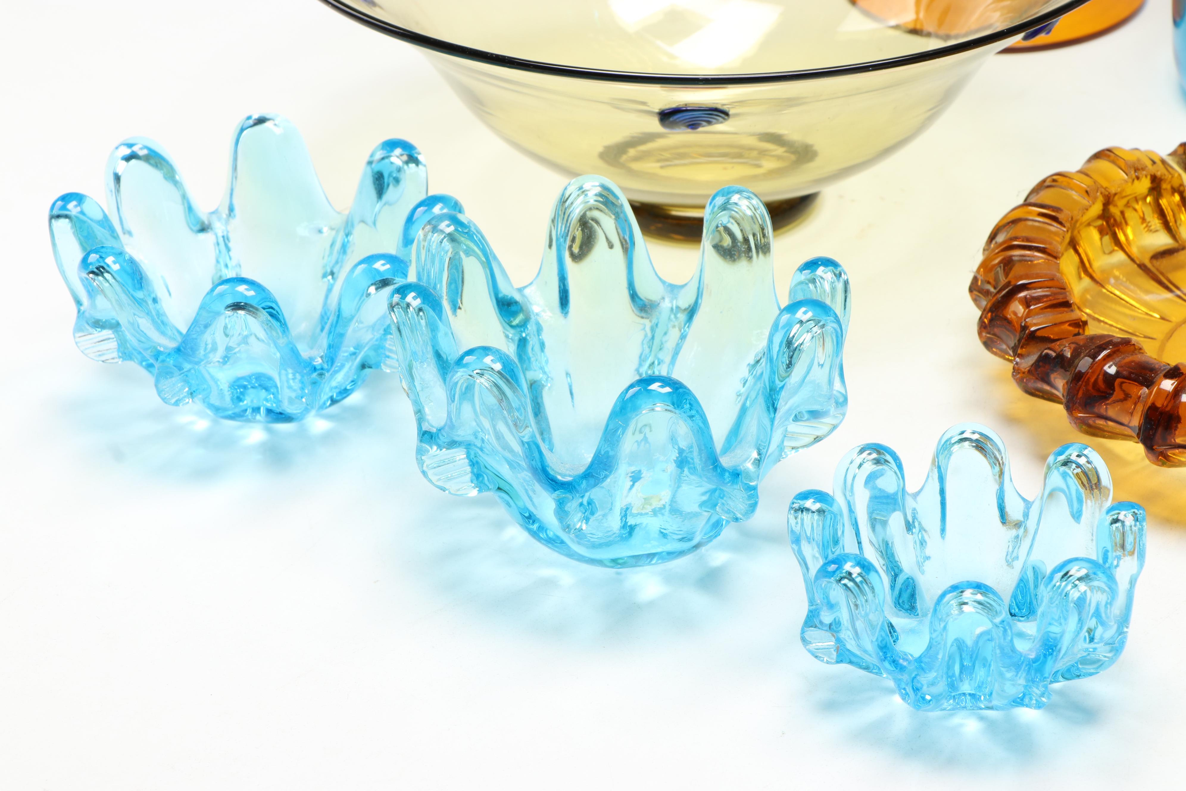 Steuben Style Art Glass Bowl, Blown Glass Vase, More Blue and Amber Glassware