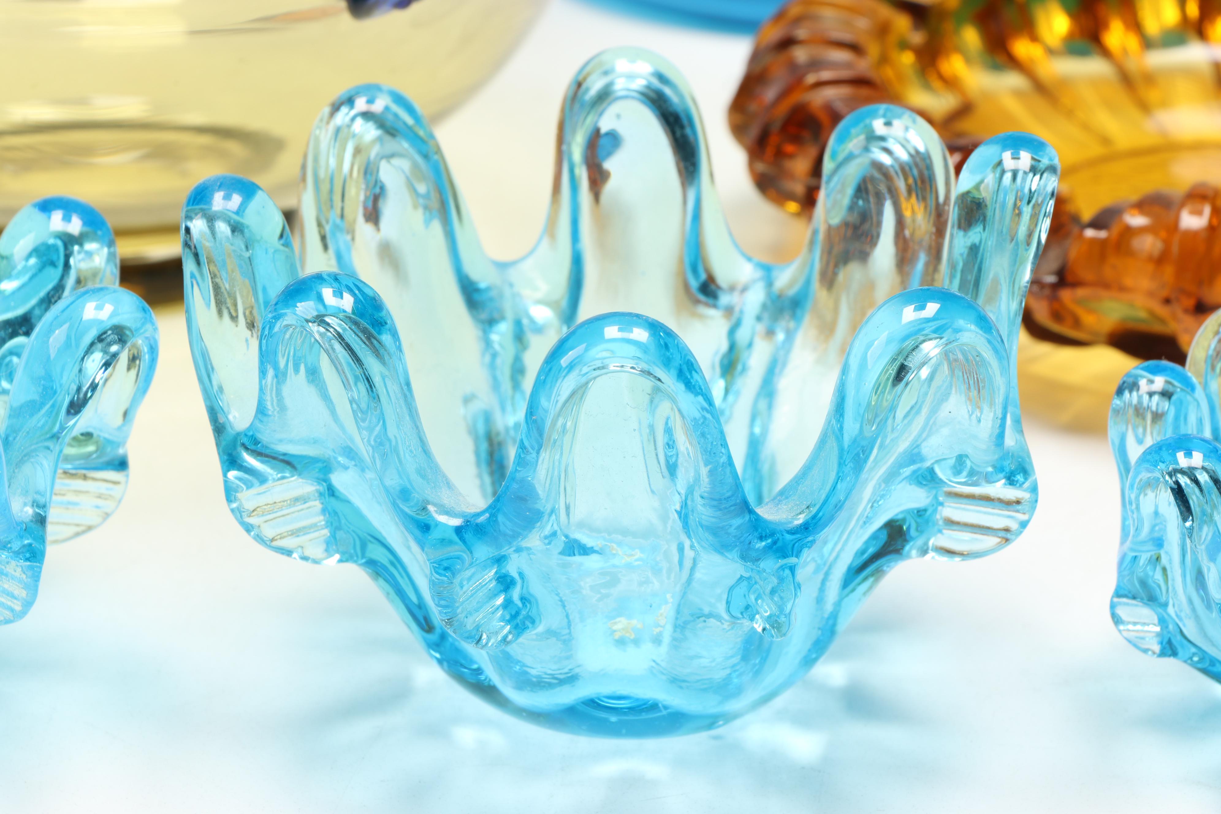 Steuben Style Art Glass Bowl, Blown Glass Vase, More Blue and Amber Glassware