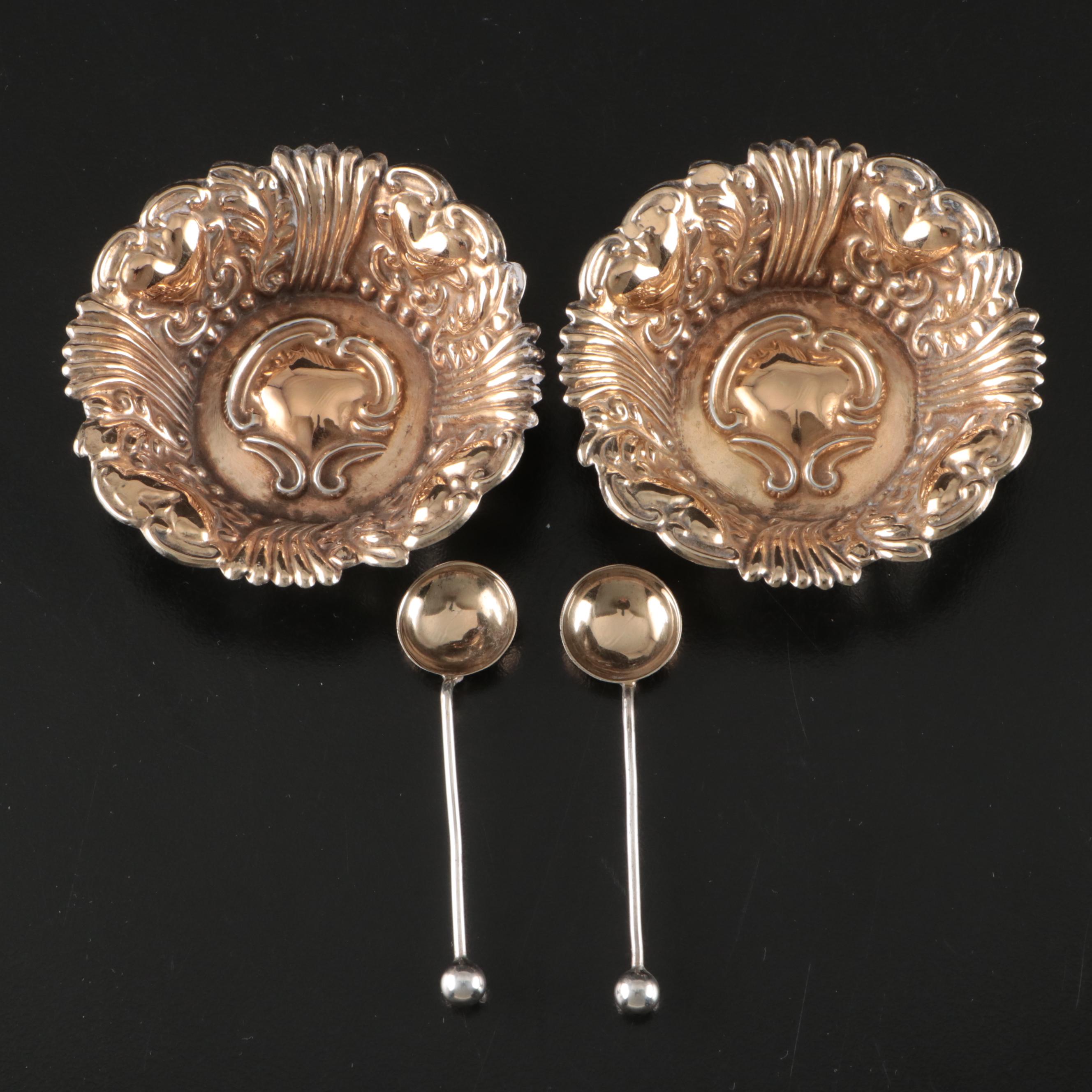 William Devenport Sterling Silver Salt Cellars and Spoons, Early 20th C.