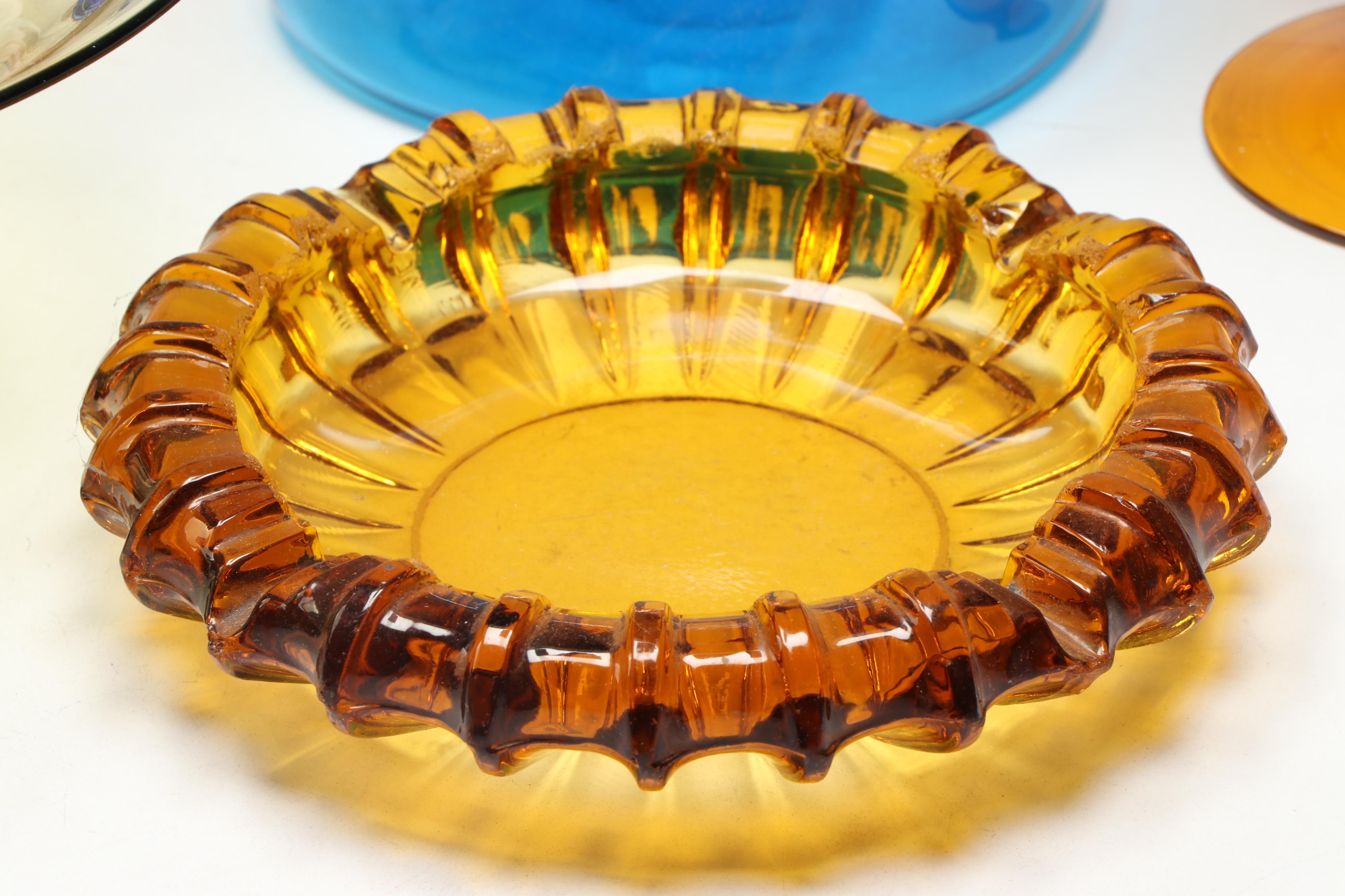 Steuben Style Art Glass Bowl, Blown Glass Vase, More Blue and Amber Glassware