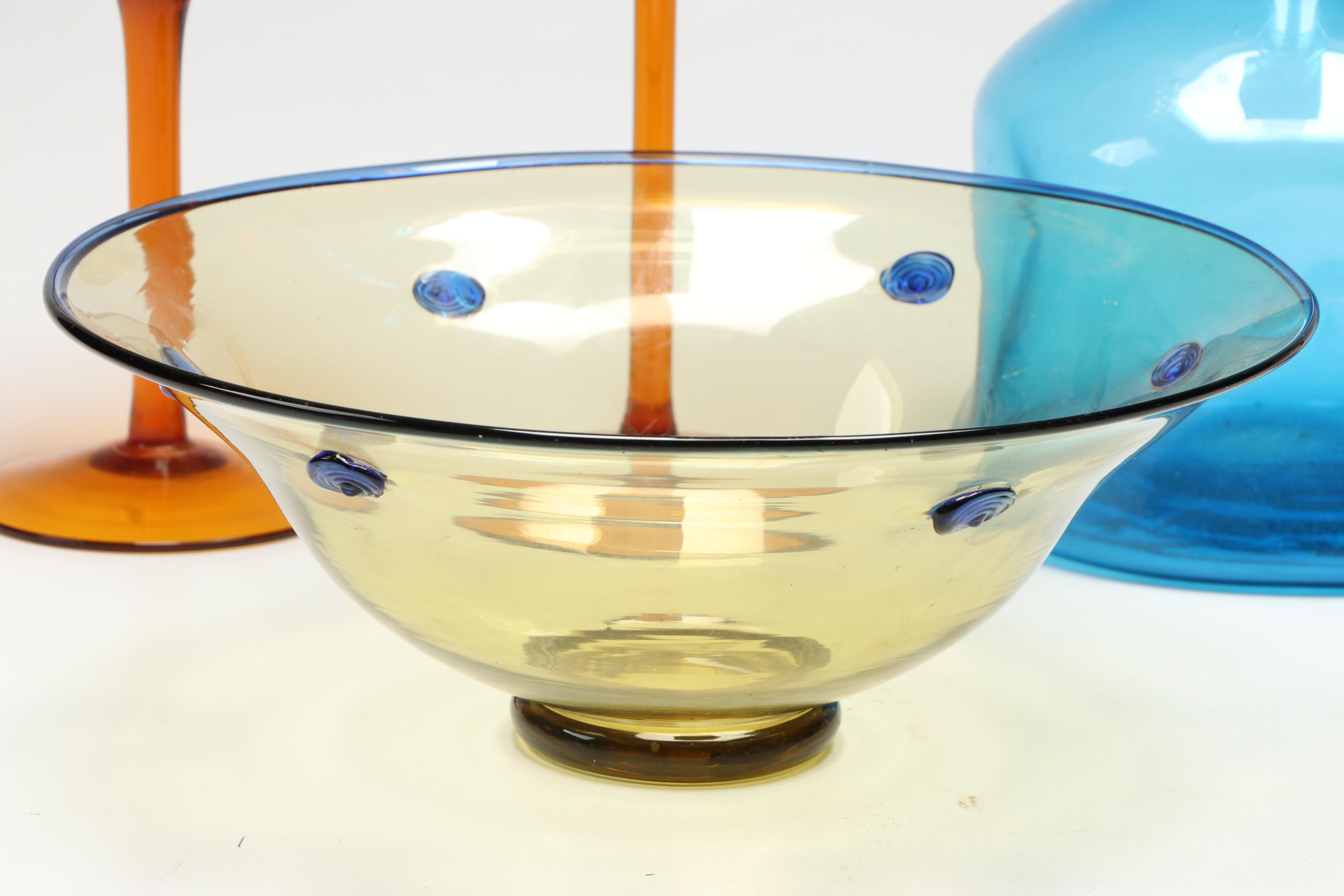Steuben Style Art Glass Bowl, Blown Glass Vase, More Blue and Amber Glassware