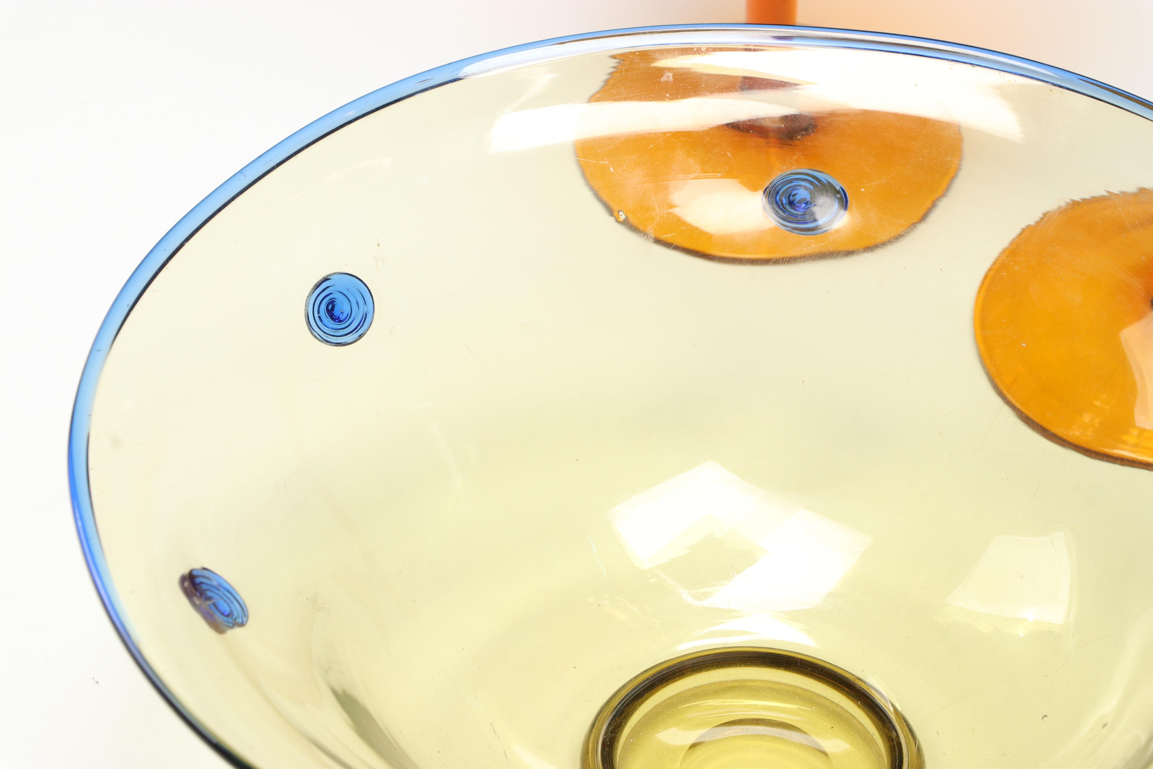 Steuben Style Art Glass Bowl, Blown Glass Vase, More Blue and Amber Glassware