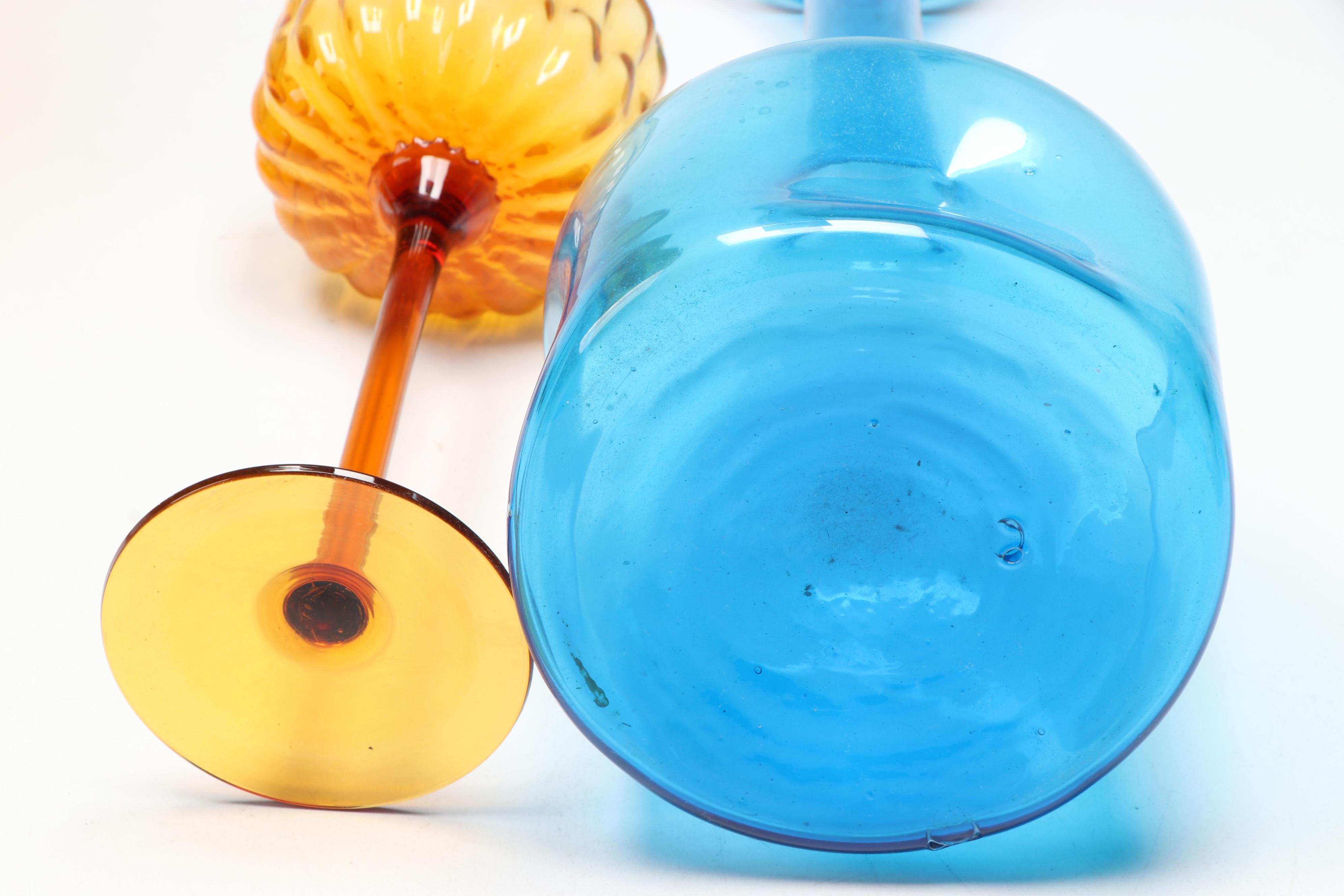 Steuben Style Art Glass Bowl, Blown Glass Vase, More Blue and Amber Glassware