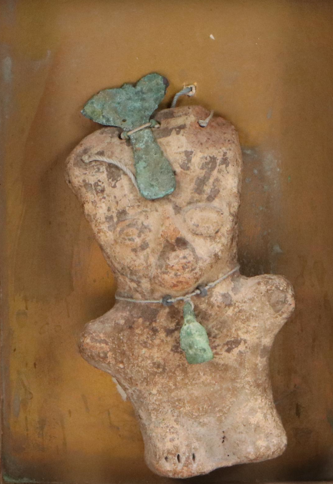 Ancient Egyptian Style Faience Ceramic Amulet Figurine with Copper Details