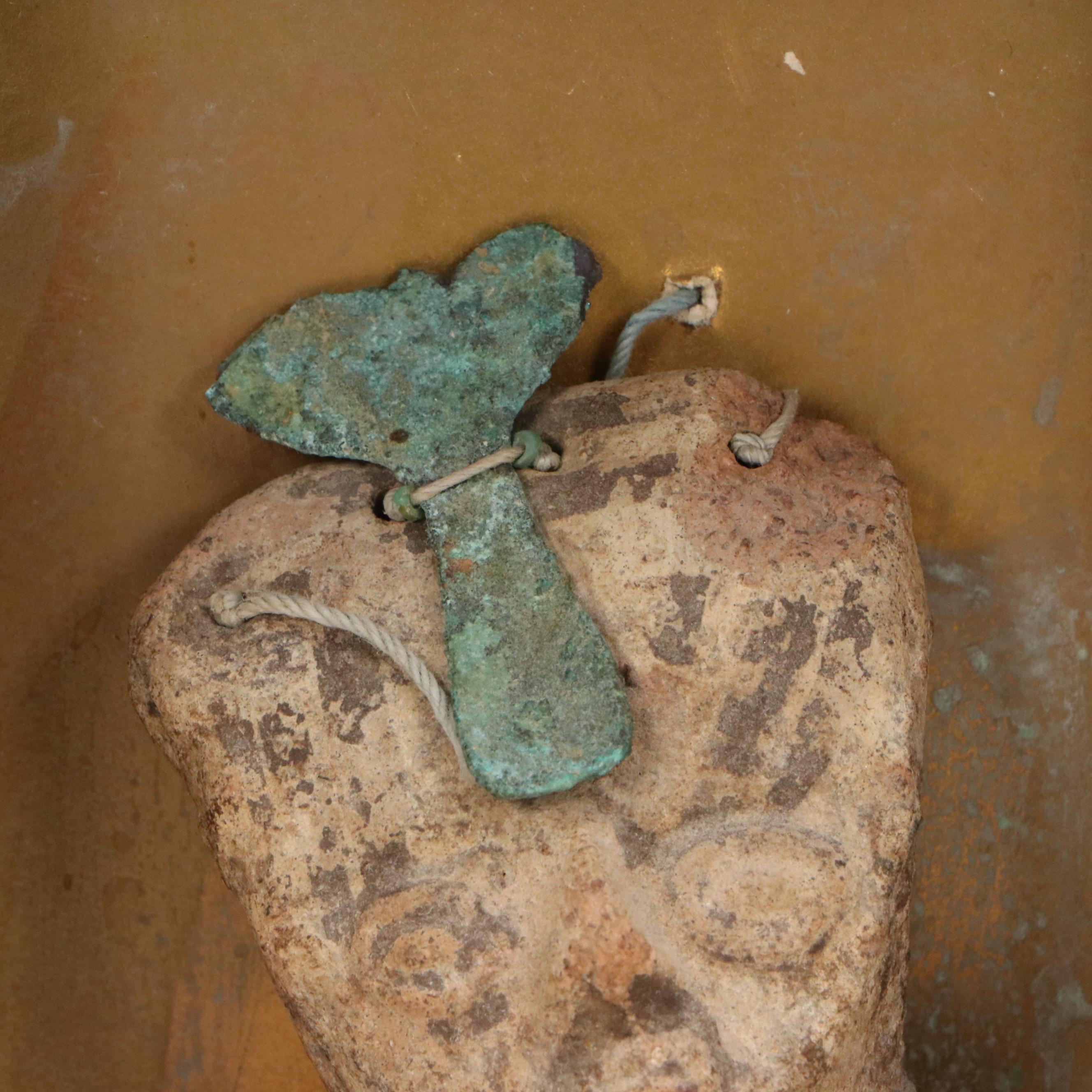 Ancient Egyptian Style Faience Ceramic Amulet Figurine with Copper Details